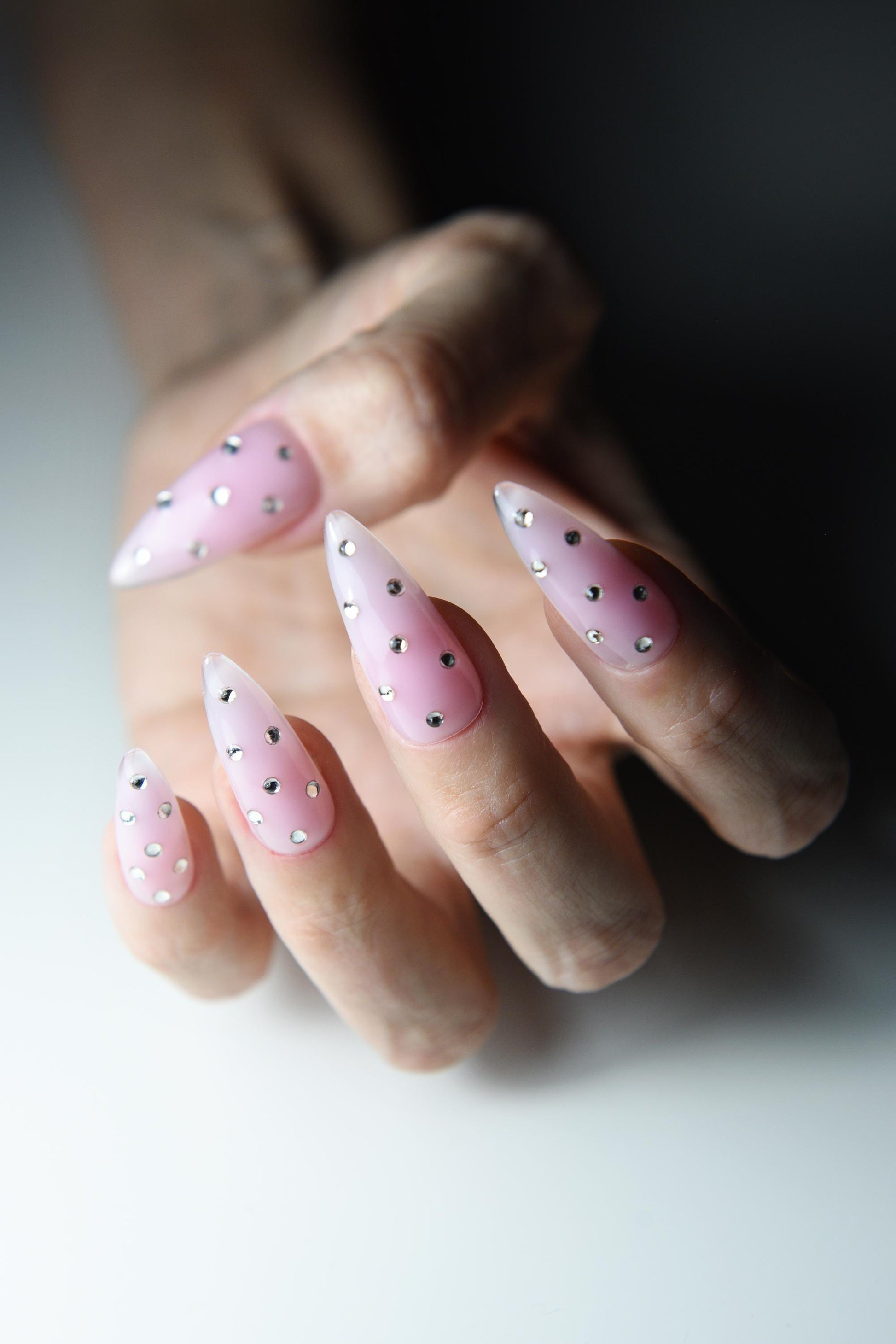 STRAWBERRY DOLLY - cute pink press on nails with rhinestones, gems. Gift for girlfriend, set for party. Long, medium and short almond shape – Luxury Handmade Reusable Press On Nails