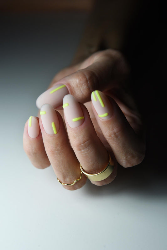 Glow-in-the-Dark 3D Nail Art Press-On Nails – Matte Nude Oval Nails – Neon Yellow Lines – Reusable Modern Nail Set – Luxury Handmade Reusable Press On Nails