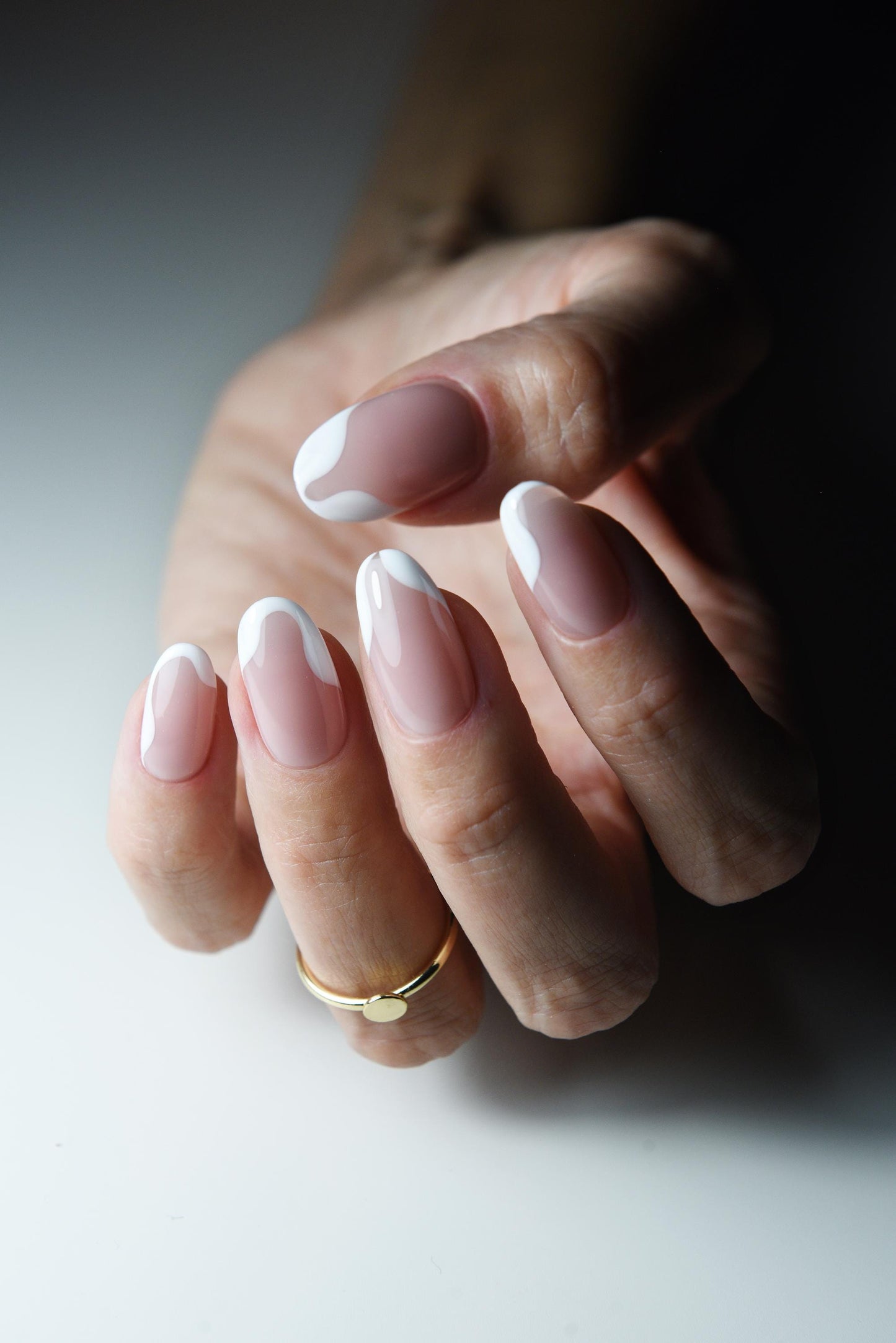 Modern Wavy French Press-On Nails – Glossy White Tips, Oval Shape – Clean Girl Aesthetic – Reusable Handmade False Nails – Luxury Handmade Reusable Press On Nails