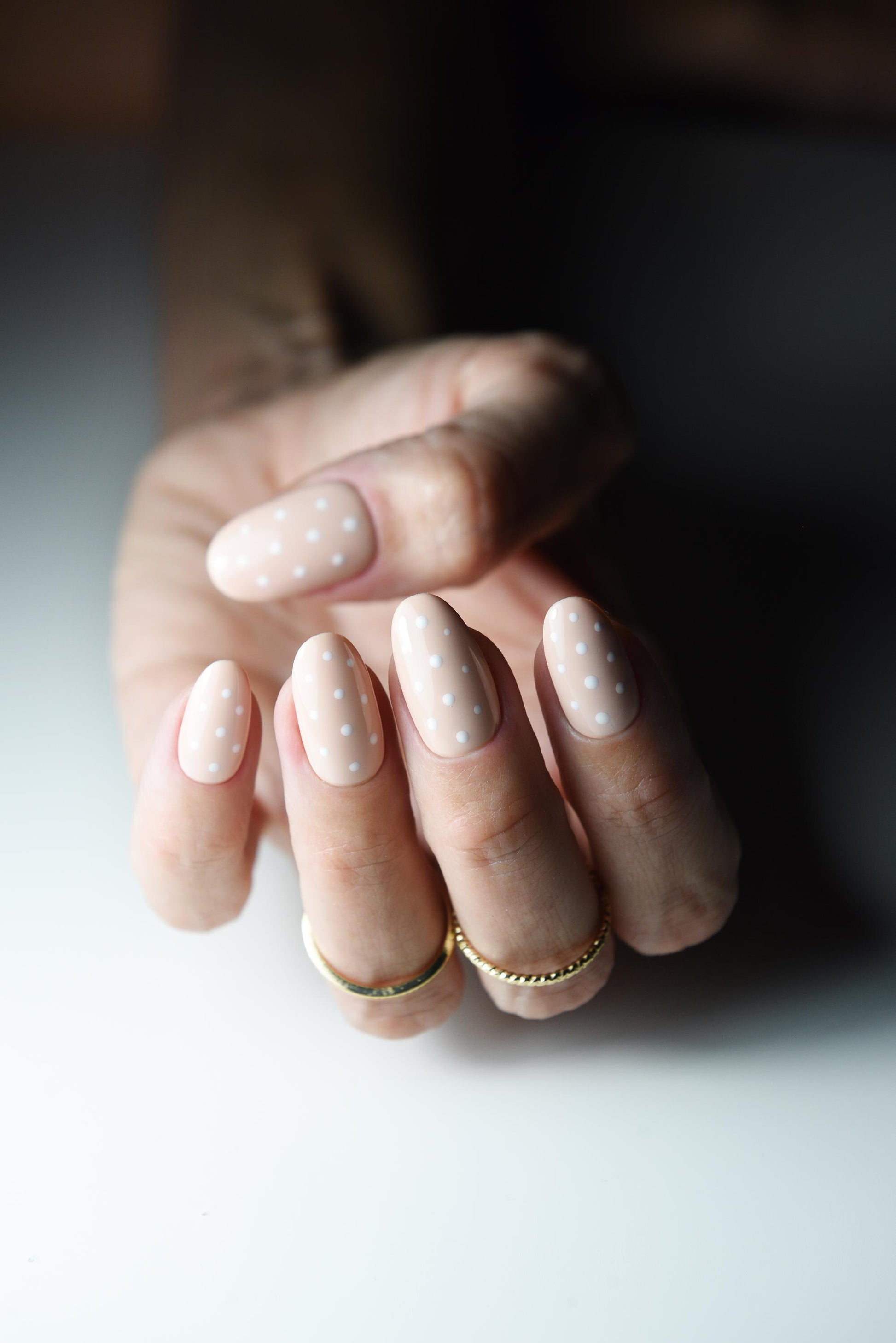 Nude Press On Nails with White Polka Dots – Short Oval Gel Nails – Minimalist Natural Nail Set – Reusable Cute Fake Nails Handmade