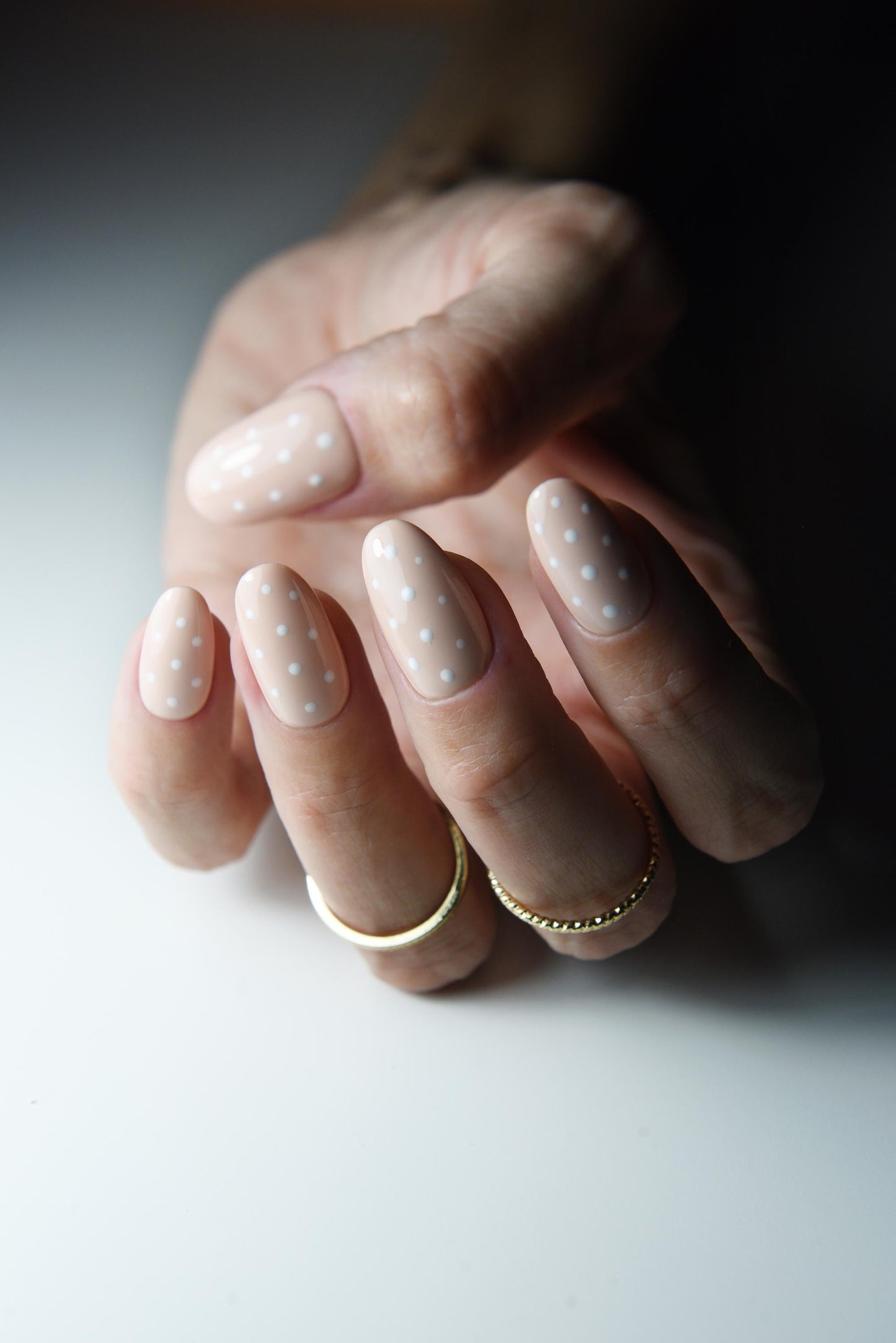 Nude Press On Nails with White Polka Dots – Short Oval Gel Nails – Minimalist Natural Nail Set – Reusable Cute Fake Nails Handmade