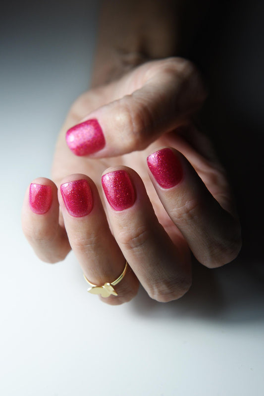 HOT PINK Glitter Nails • Korean Short Style Press On Nails • Handmade Reusable Fake Nails • Red Cherry Glossy Square Tips • Summer Nail Set – Luxury Handmade Reusable Press On Nails
