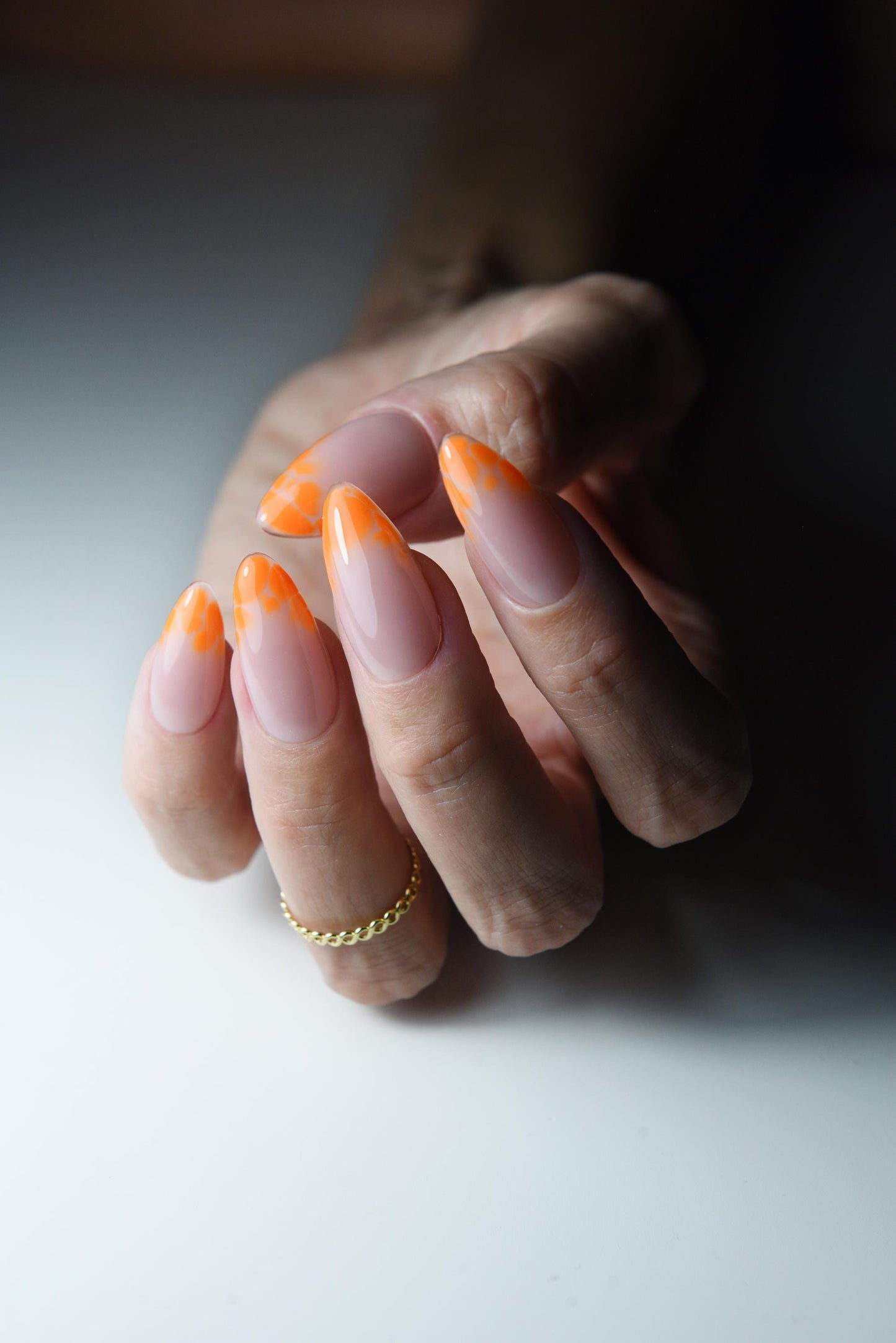 Orange Blooming French Press-On Nails – Handmade Reusable Nail Set, Soft Nude with Orange Tips