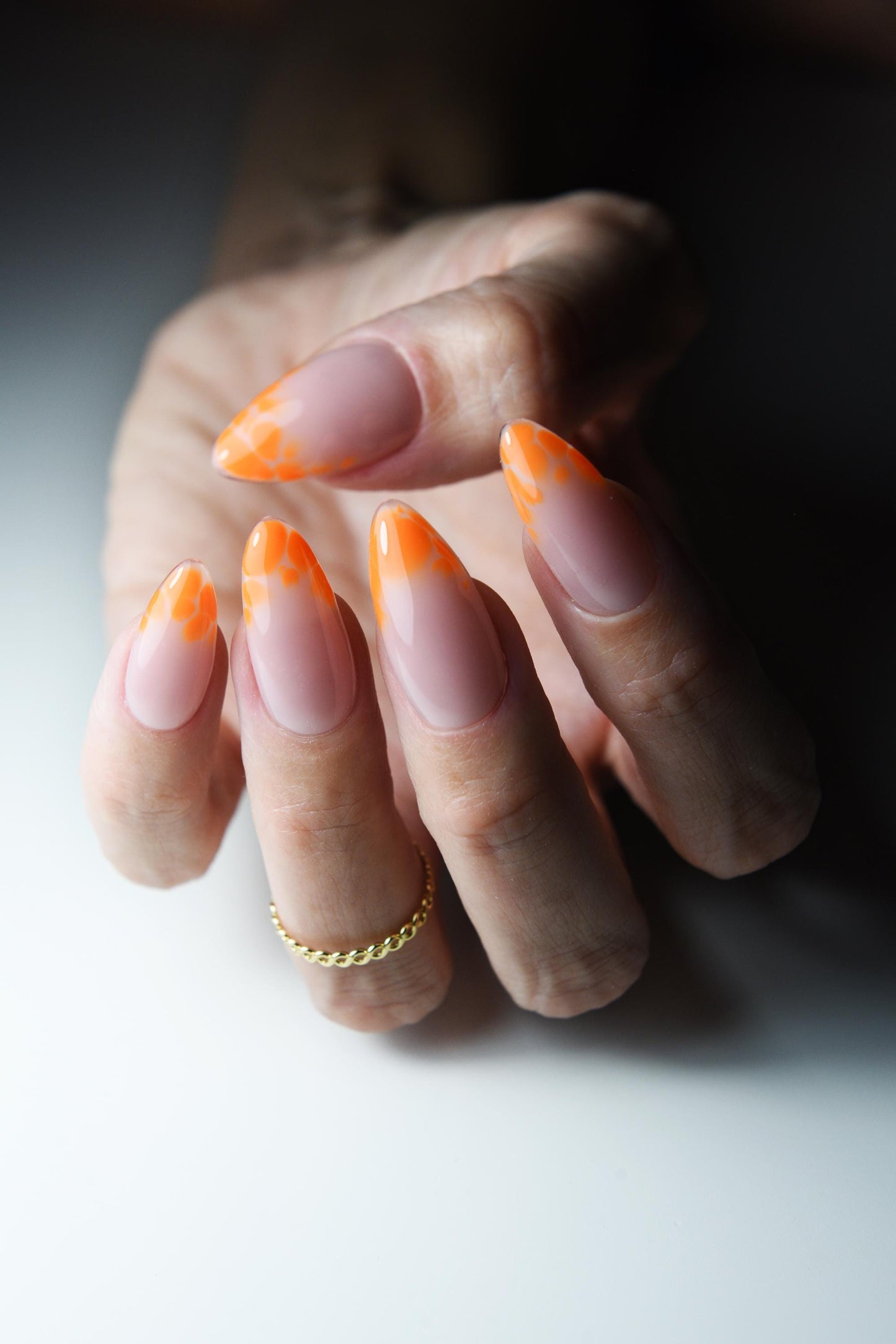 Orange Blooming French Press-On Nails – Almond Shape Gel Tips – Floral Ombre Nail Art – Handmade Reusable Set – Luxury Handmade Reusable Press On Nails