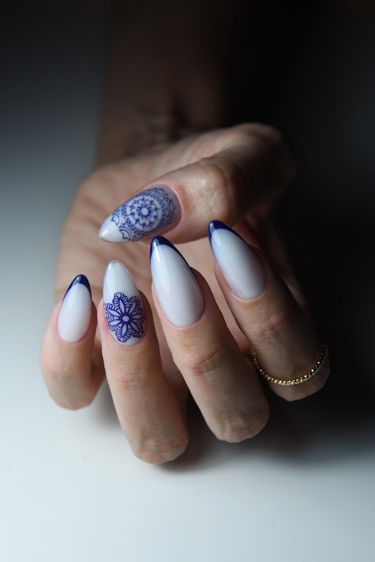 Blue and White Press On Nails – Portugal Tile Inspired Nail Art, Elegant French Tip Nails, Custom Length and Shape