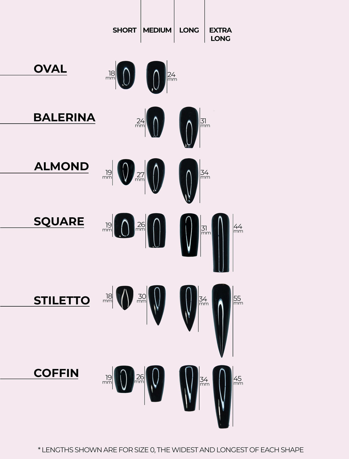 Press-on nail length and shape guide for oval, ballerina, almond, square, stiletto and coffin
