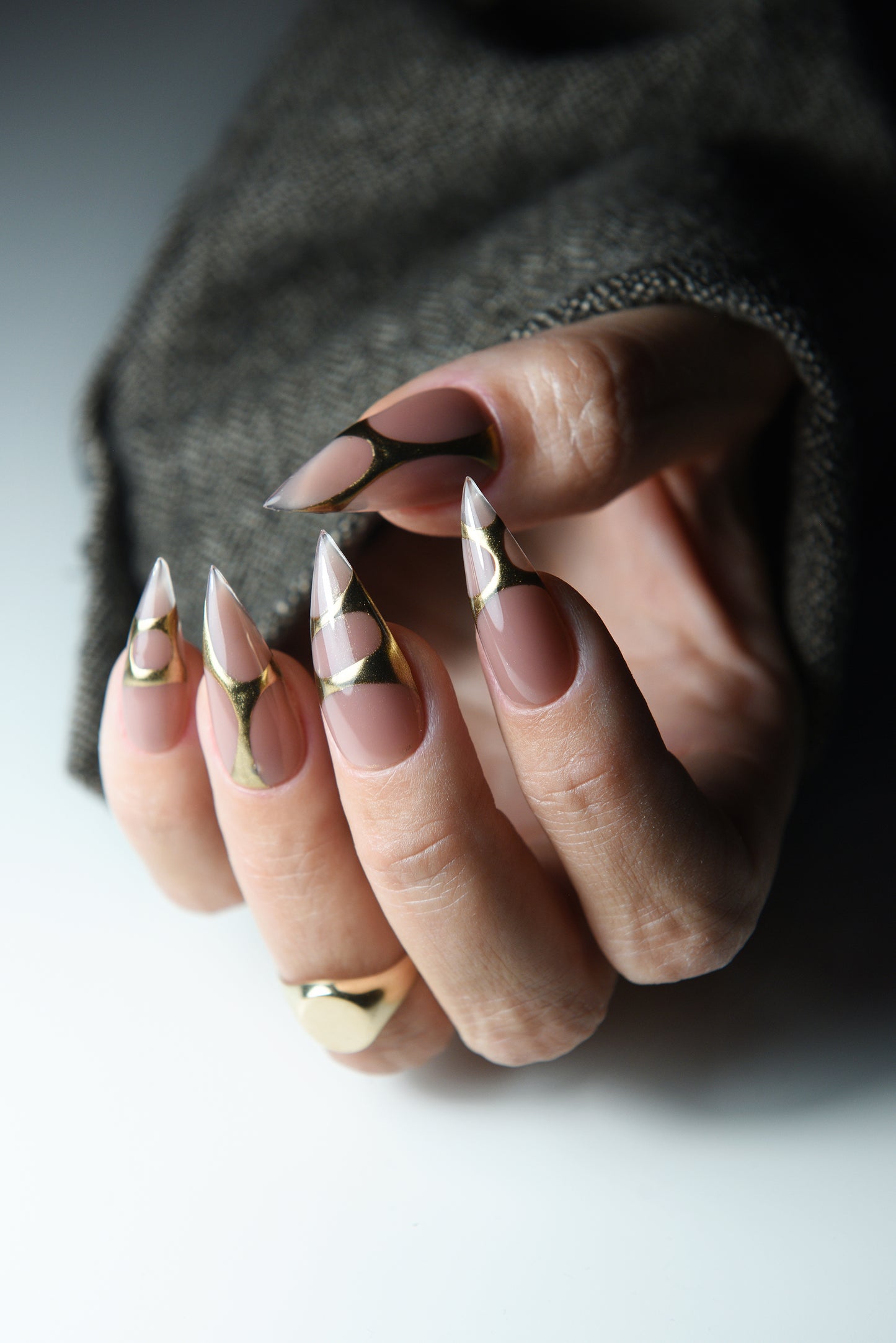 Y2K Gold Nude Press-On Nails | Modern Art Clear Tips | Handmade Reusable Set