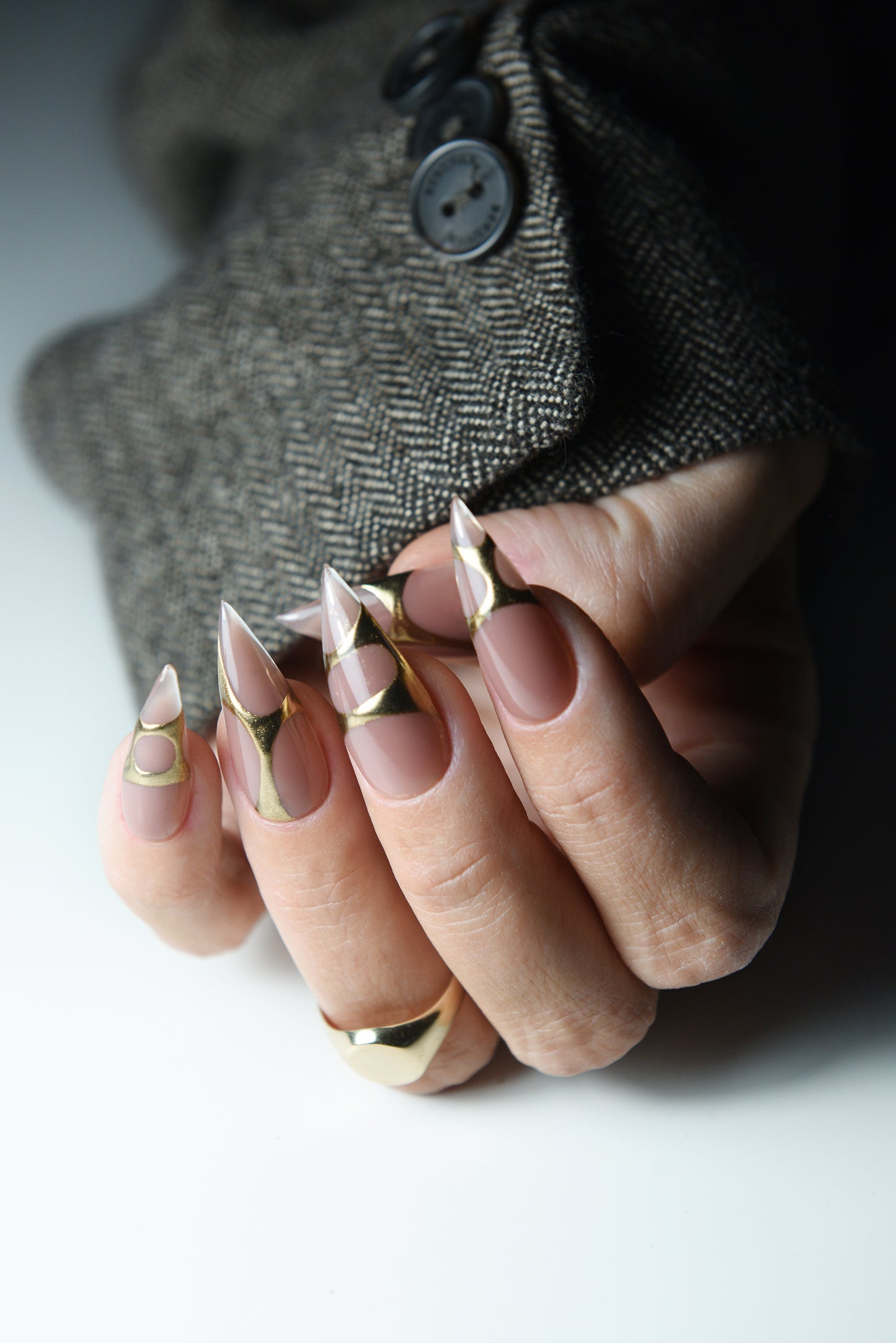 Y2K Gold Nude Press-On Nails | Modern Art Clear Tips | Handmade Reusable Set