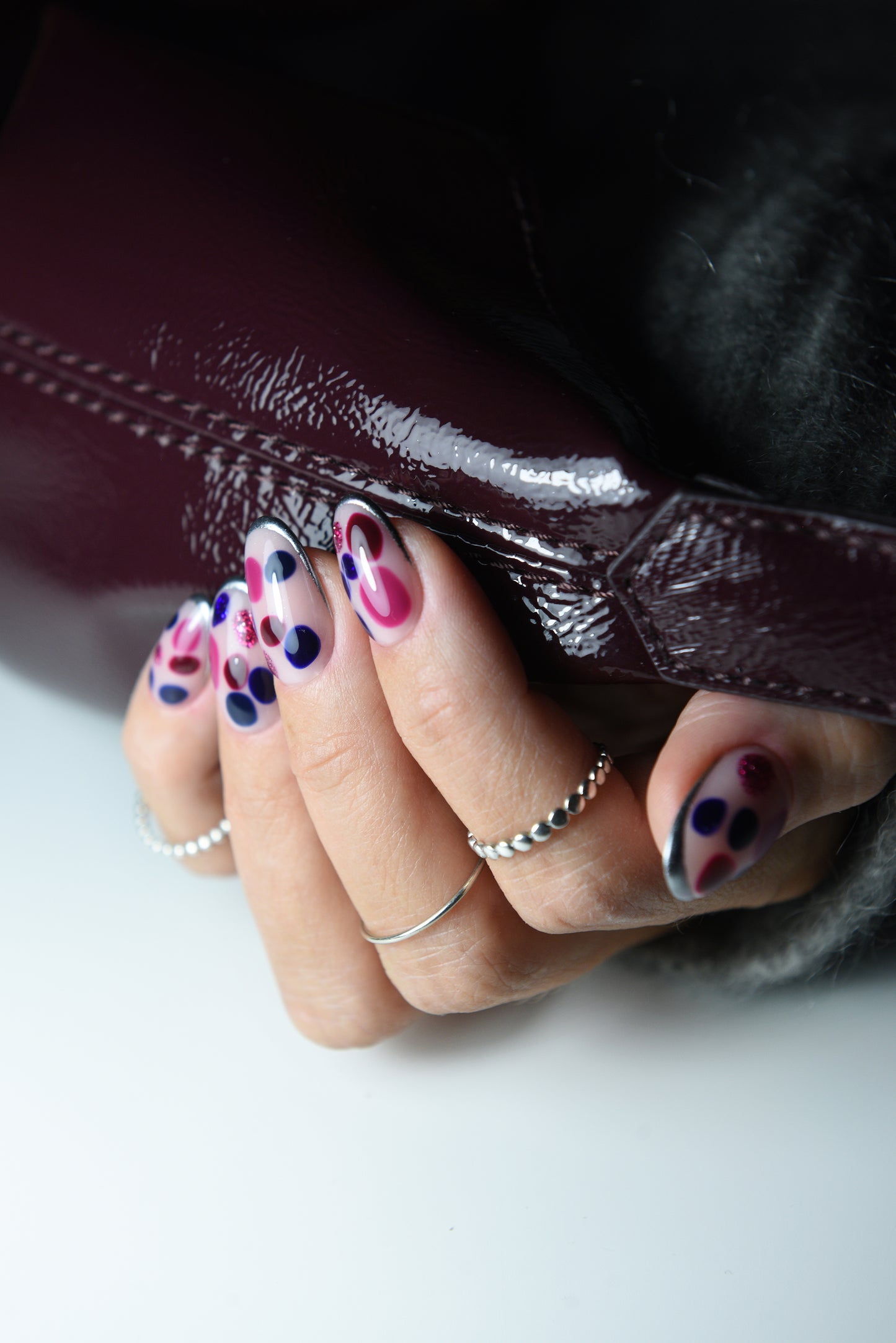 Colorful Polka Dot French Press-On Nails | Nude Base with Glitter & Metallic Tips | Handmade Reusable Set