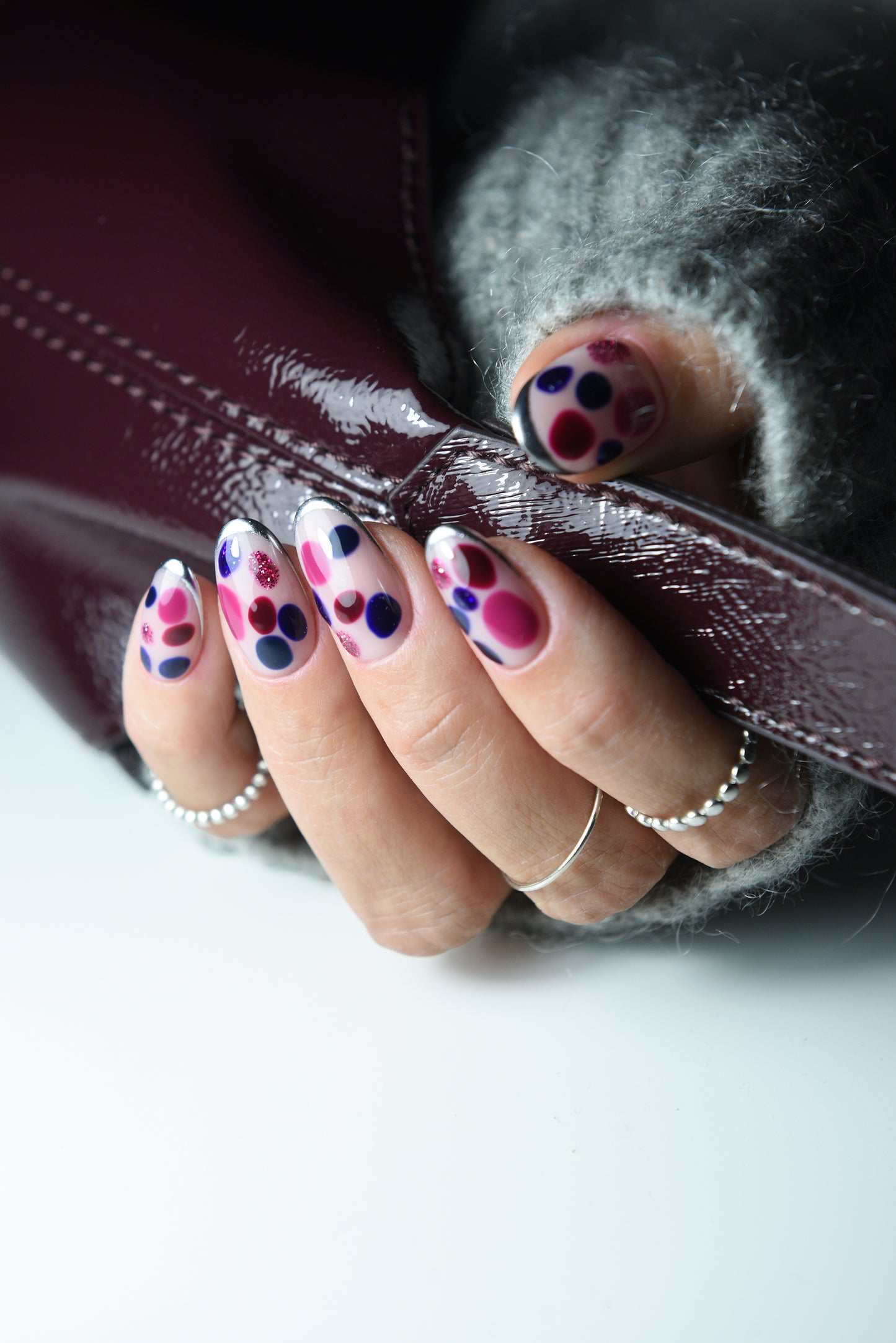 Colorful Polka Dot French Press-On Nails | Nude Base with Glitter & Metallic Tips | Handmade Reusable Set