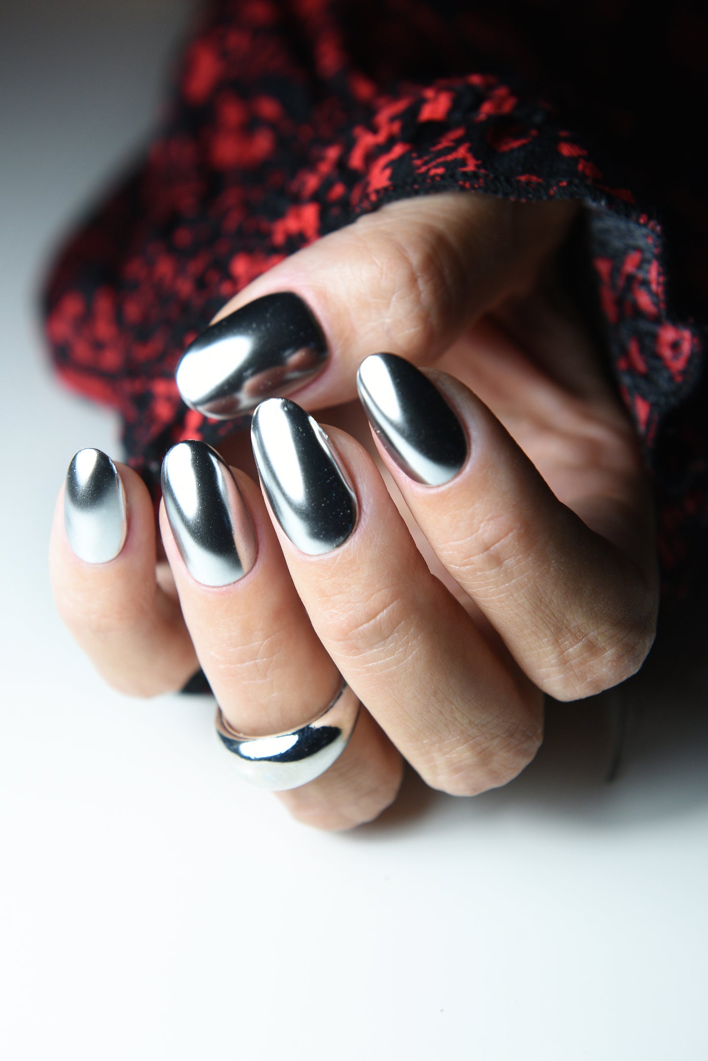 Silver Chrome Press-On Nails | Metallic Mirror Effect Fake Nails | Handmade Reusable Set