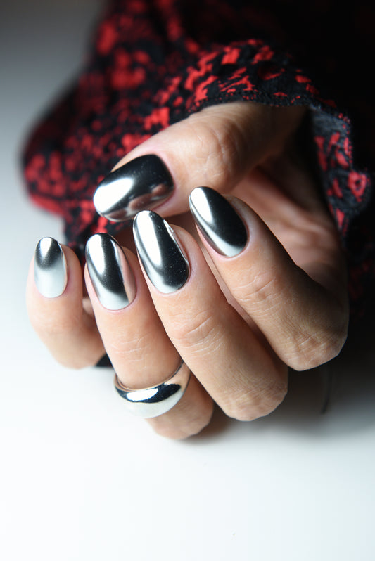Silver Chrome Press-On Nails | Metallic Mirror Effect Fake Nails | Handmade Reusable Set