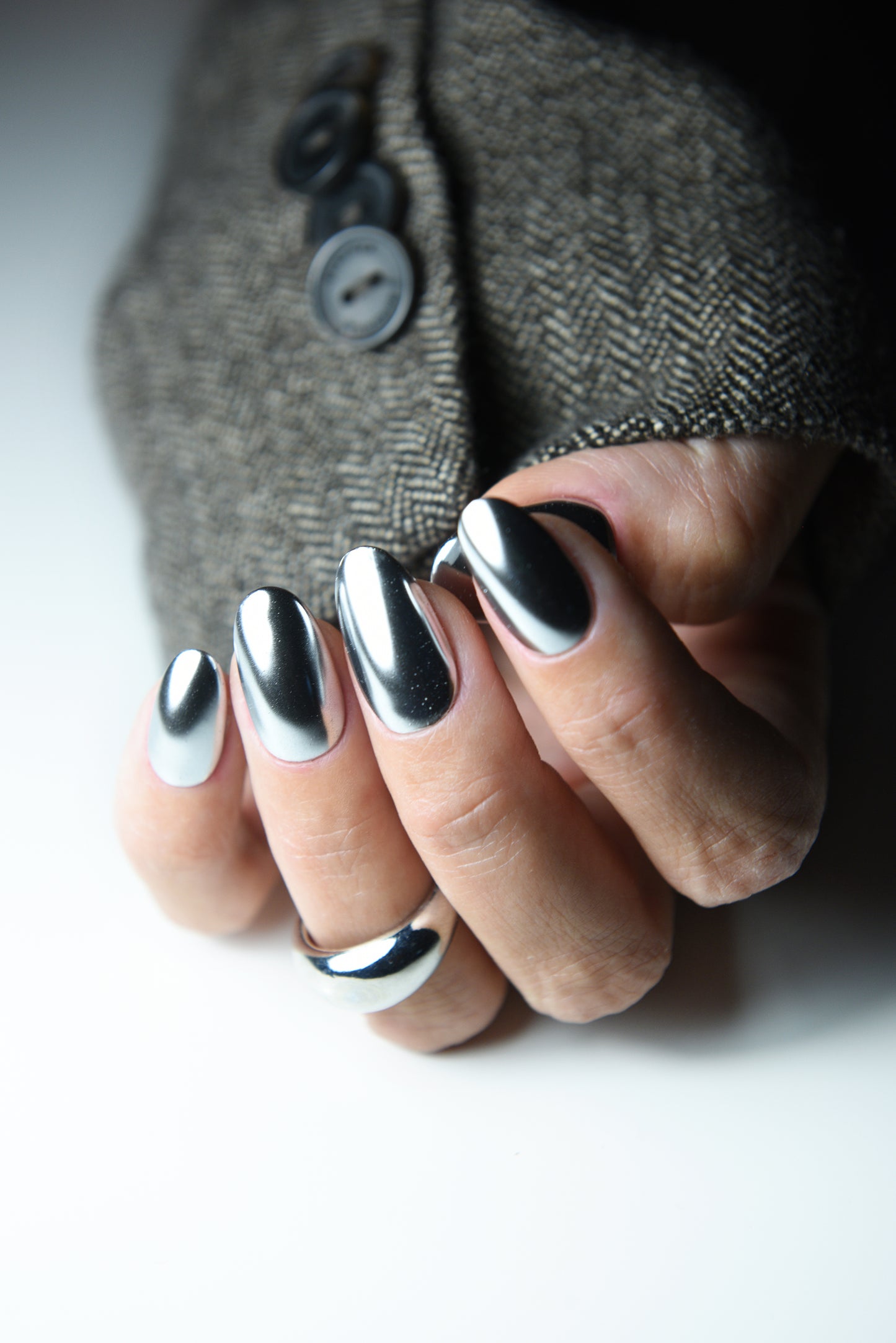 Silver Chrome Press-On Nails | Metallic Mirror Effect Fake Nails | Handmade Reusable Set