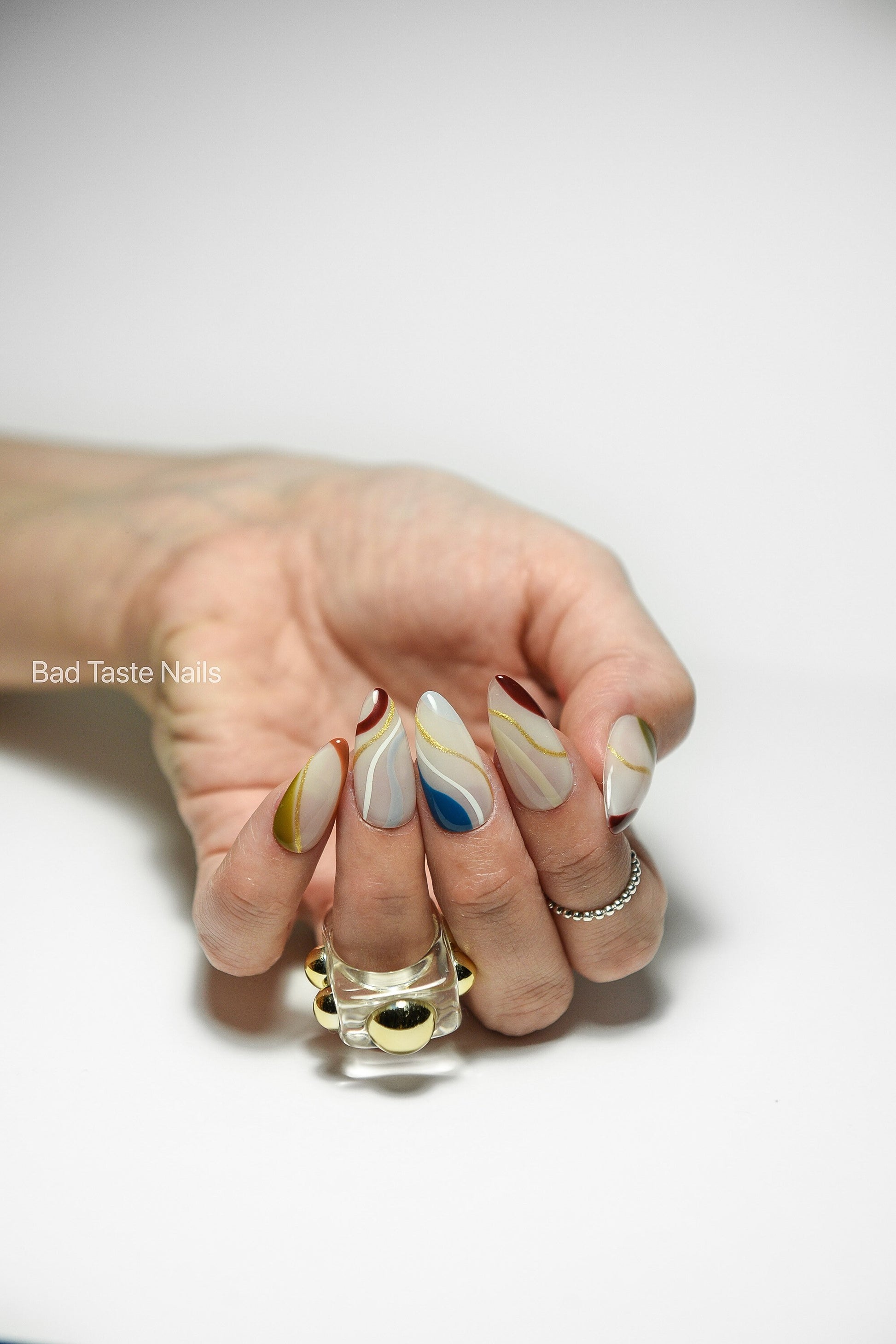 COLORFUL ABSTRACT swirl lines | Glossy | Handpainted press on nails | Stiletto Oval Almond Square Coffin Balerina | Long Medium Short