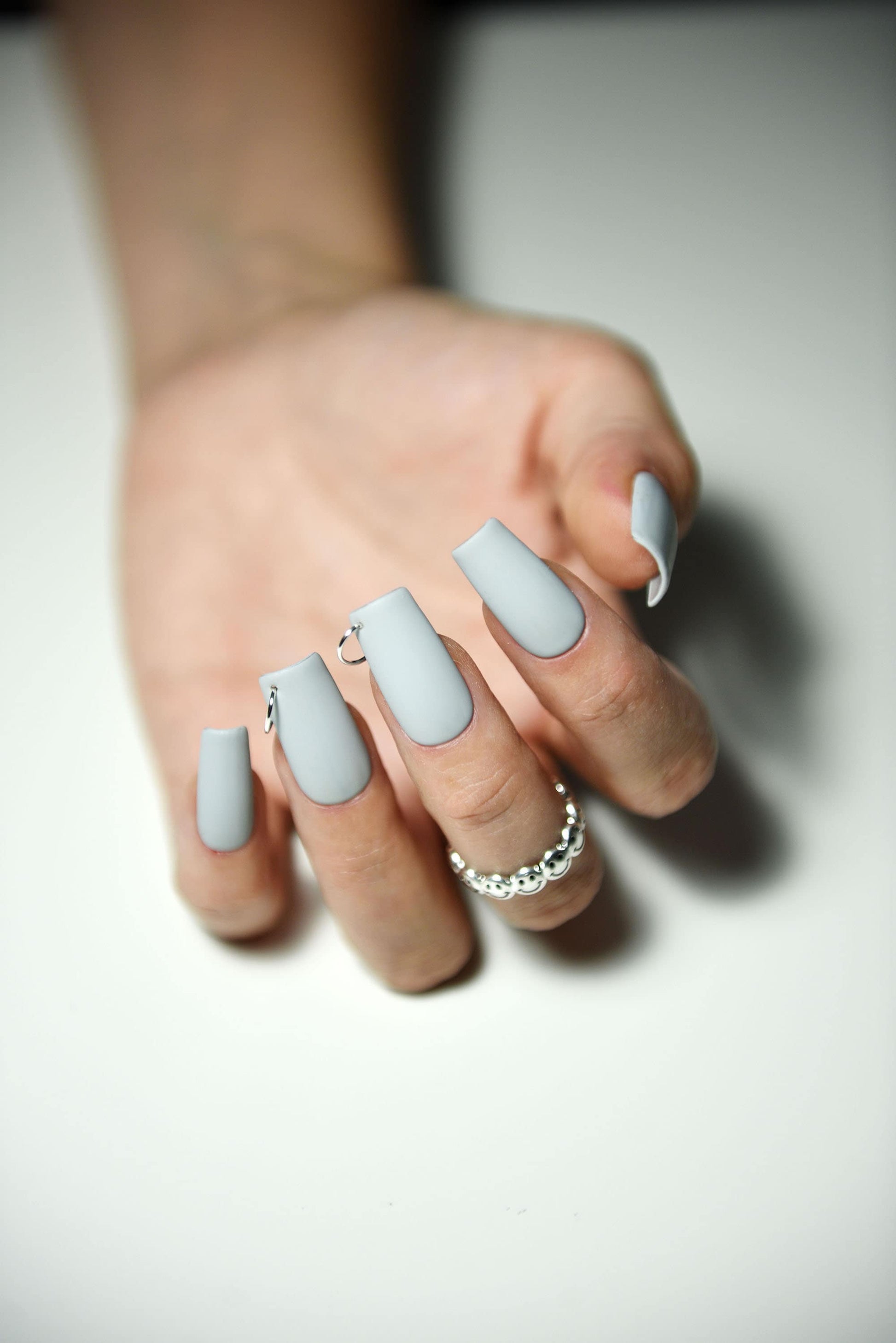 PIERCED RINGO GREY | Matte | Reusable press on nails | Stiletto Oval Almond Square Coffin Balerina | Long Medium Short | Pressons | Custom