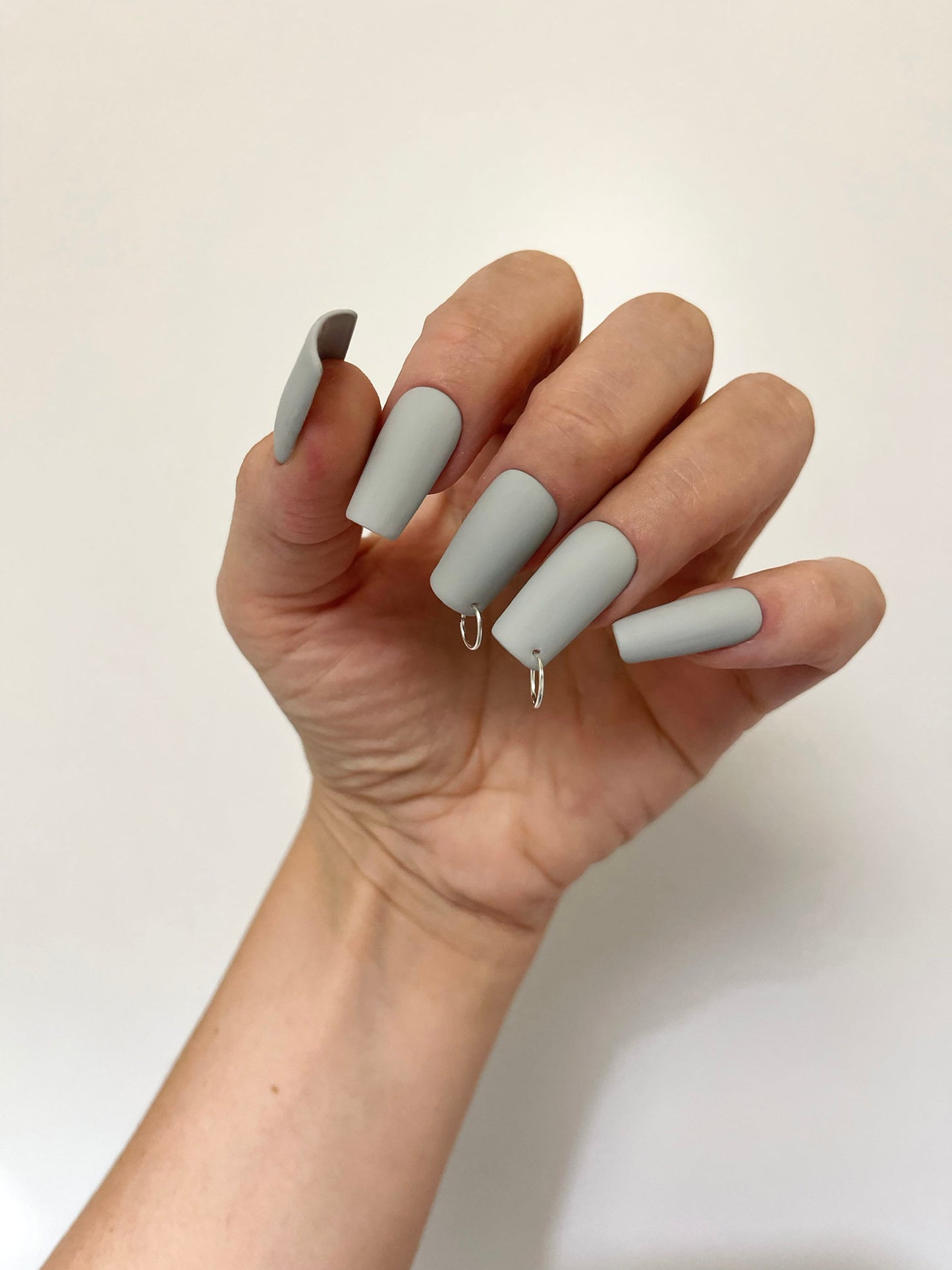 PIERCED RINGO GREY | Matte | Reusable press on nails | Stiletto Oval Almond Square Coffin Balerina | Long Medium Short | Pressons | Custom