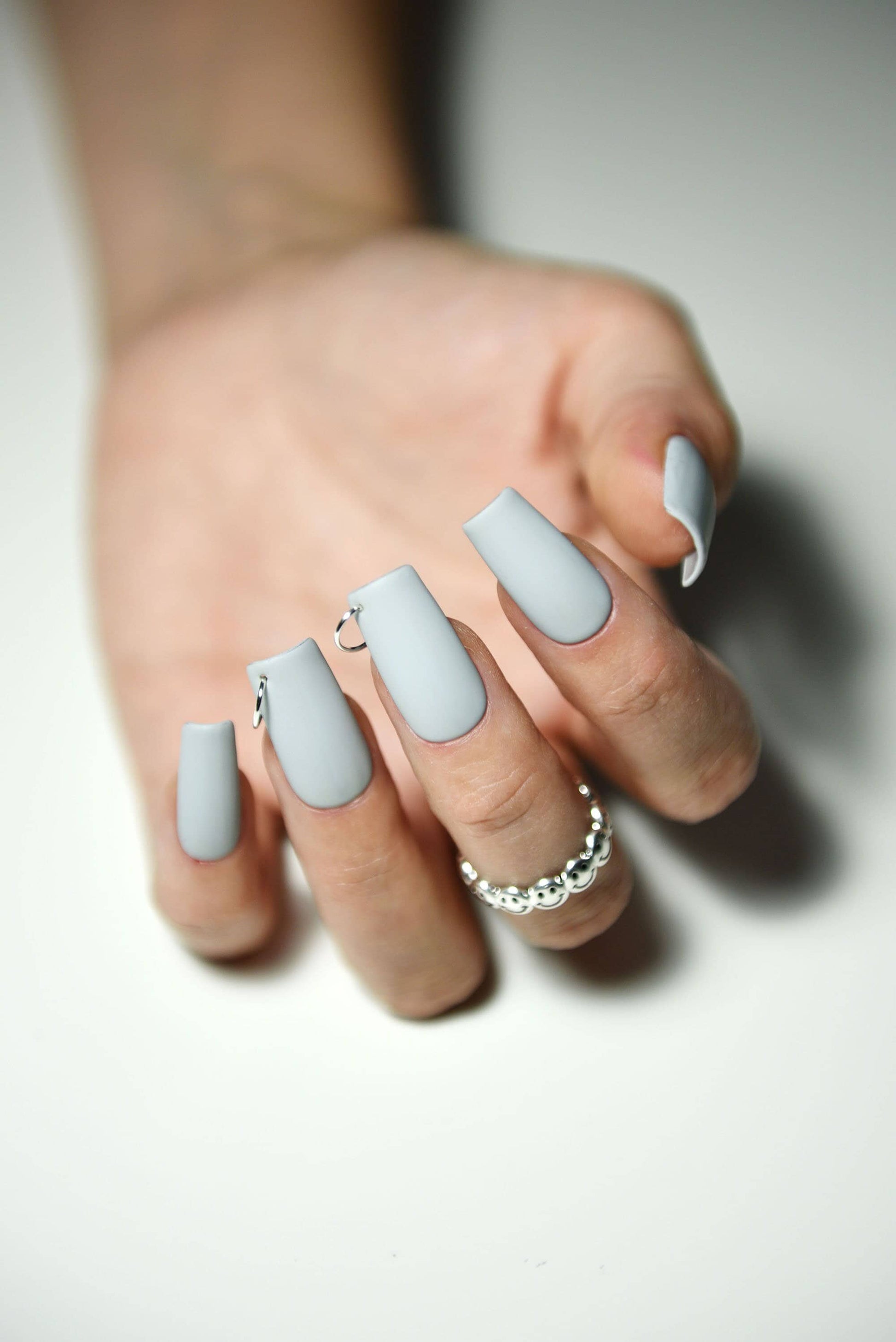 PIERCED RINGO GREY | Matte | Reusable press on nails | Stiletto Oval Almond Square Coffin Balerina | Long Medium Short | Pressons | Custom