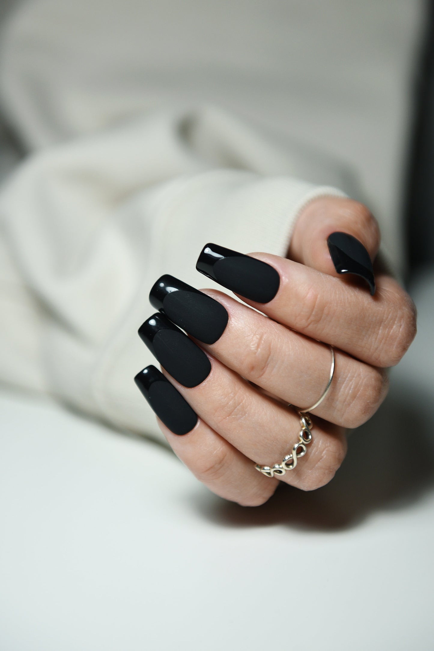 ELEGANT BLACK NAILS | Glossy and Matte French | Handpainted press on nails | Stiletto Oval Almond Square Coffin Balerina | Long Medium Short