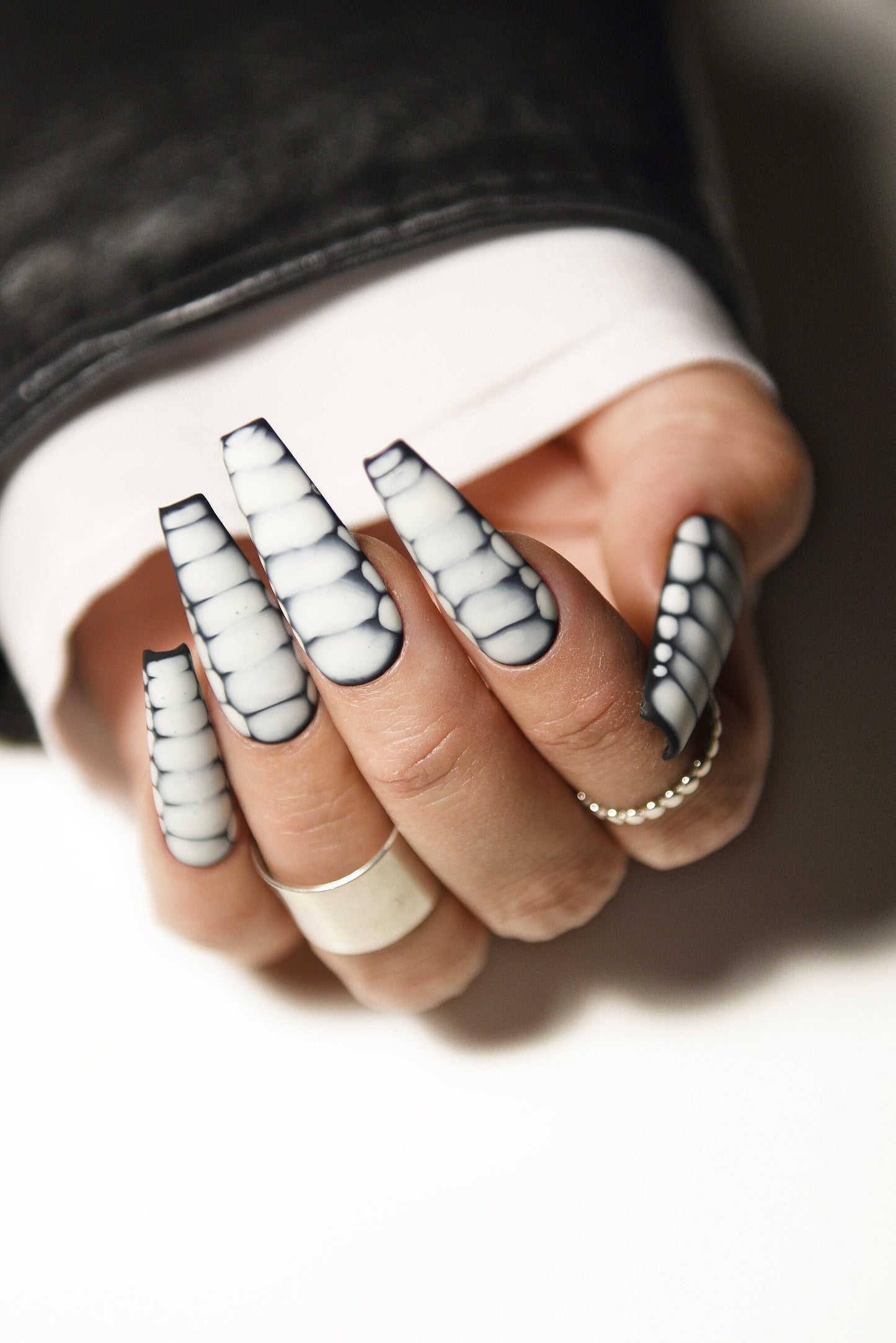 Grunge Black & White Croco Press-On Nails | Glossy or Matte | Handmade Luxury Reusable Set | Custom Shape & Length