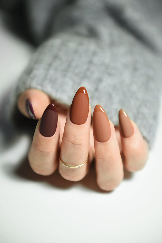 Fall Autumn Ombre Matte French Press On Nails - set of glue on nails in brown shades Pumpkin Cinnamon Purple nails for school season for her – Luxury Handmade Reusable Press On Nails