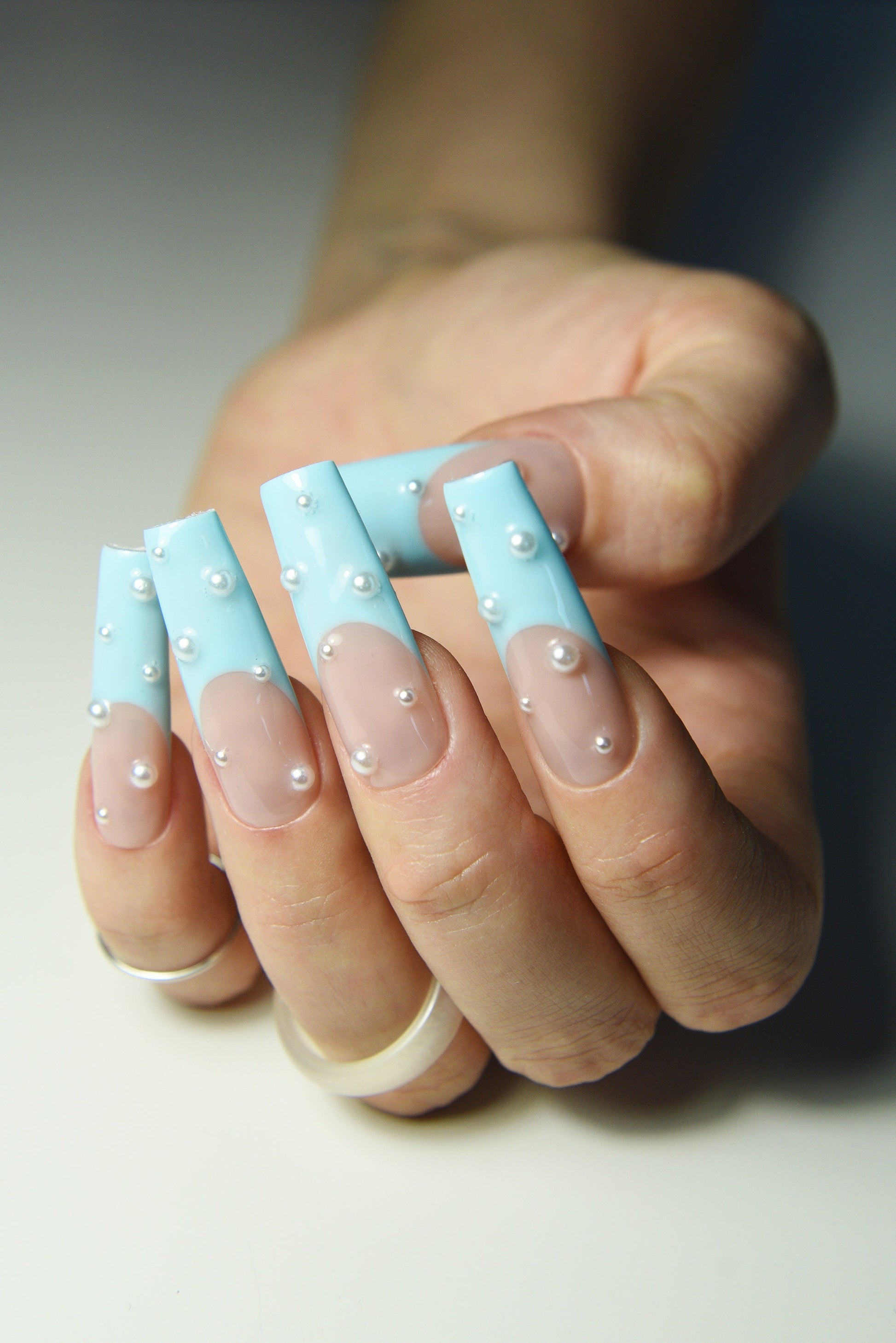 PASTEL FRENCH with PEARLS – Luxury Handmade Reusable Press On Nails