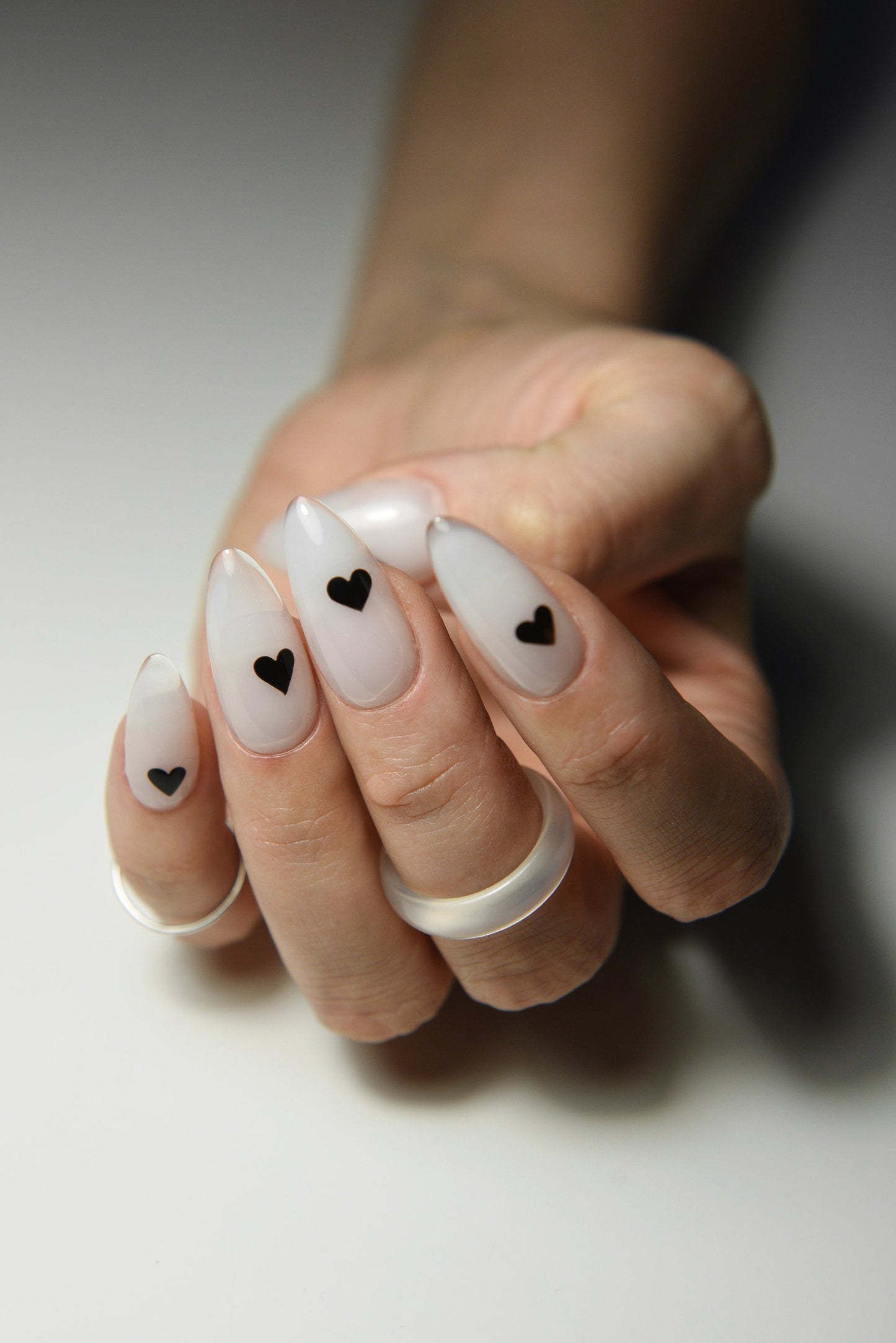 I Love Milky Press-On Nails – Handmade Milky White with Black Hearts