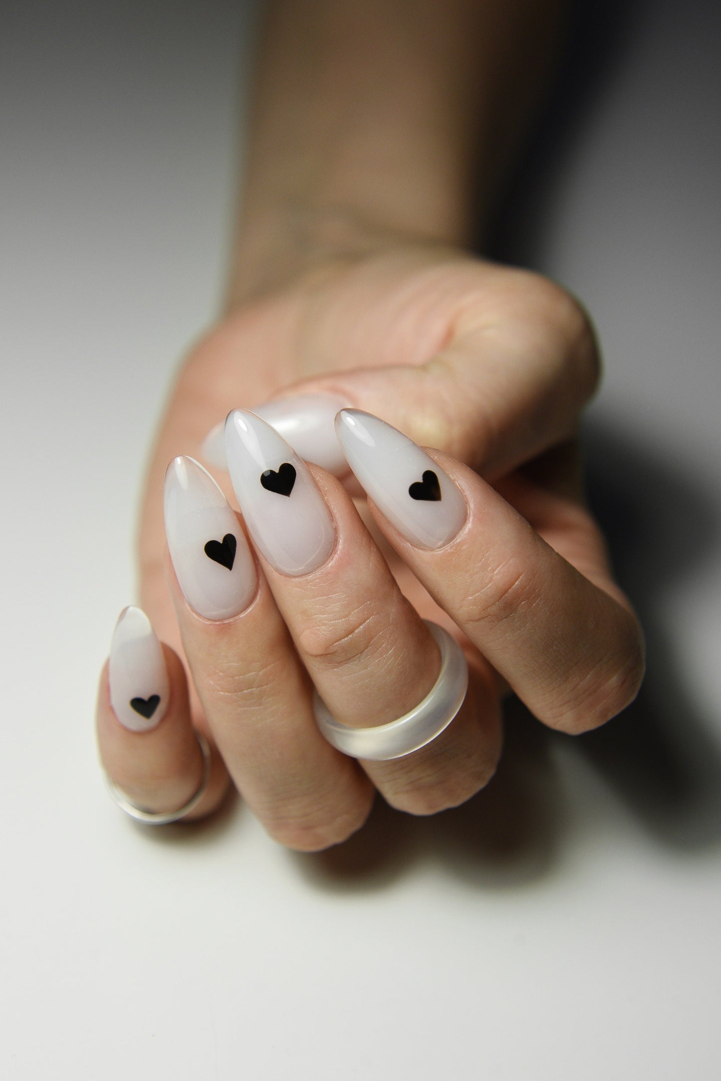 I Love Milky Press-On Nails – Handmade Milky White with Black Hearts