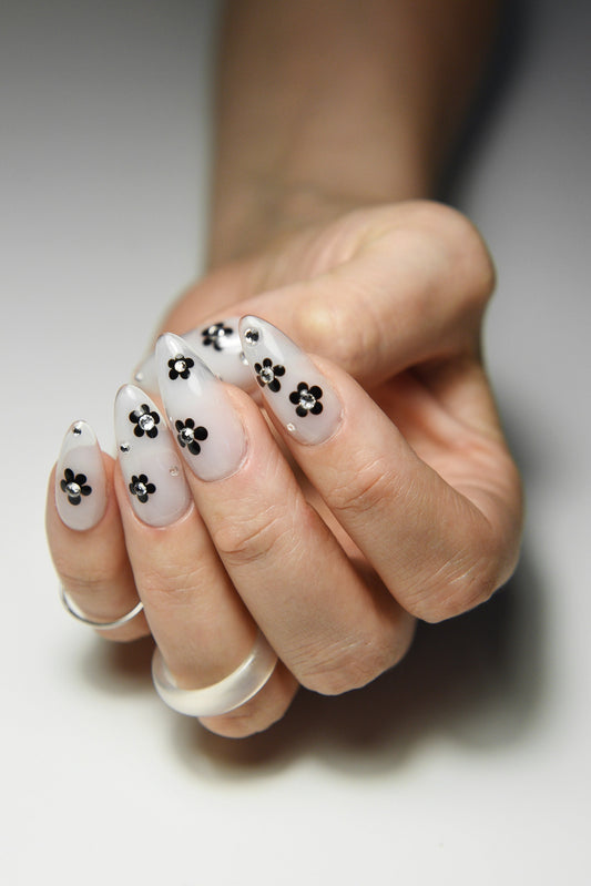 MILKY FLOWERS and RHINESTONES | Black Hearts | Handmade press on nails | Stiletto Oval Almond Square Coffin Balerina | Long Medium Short