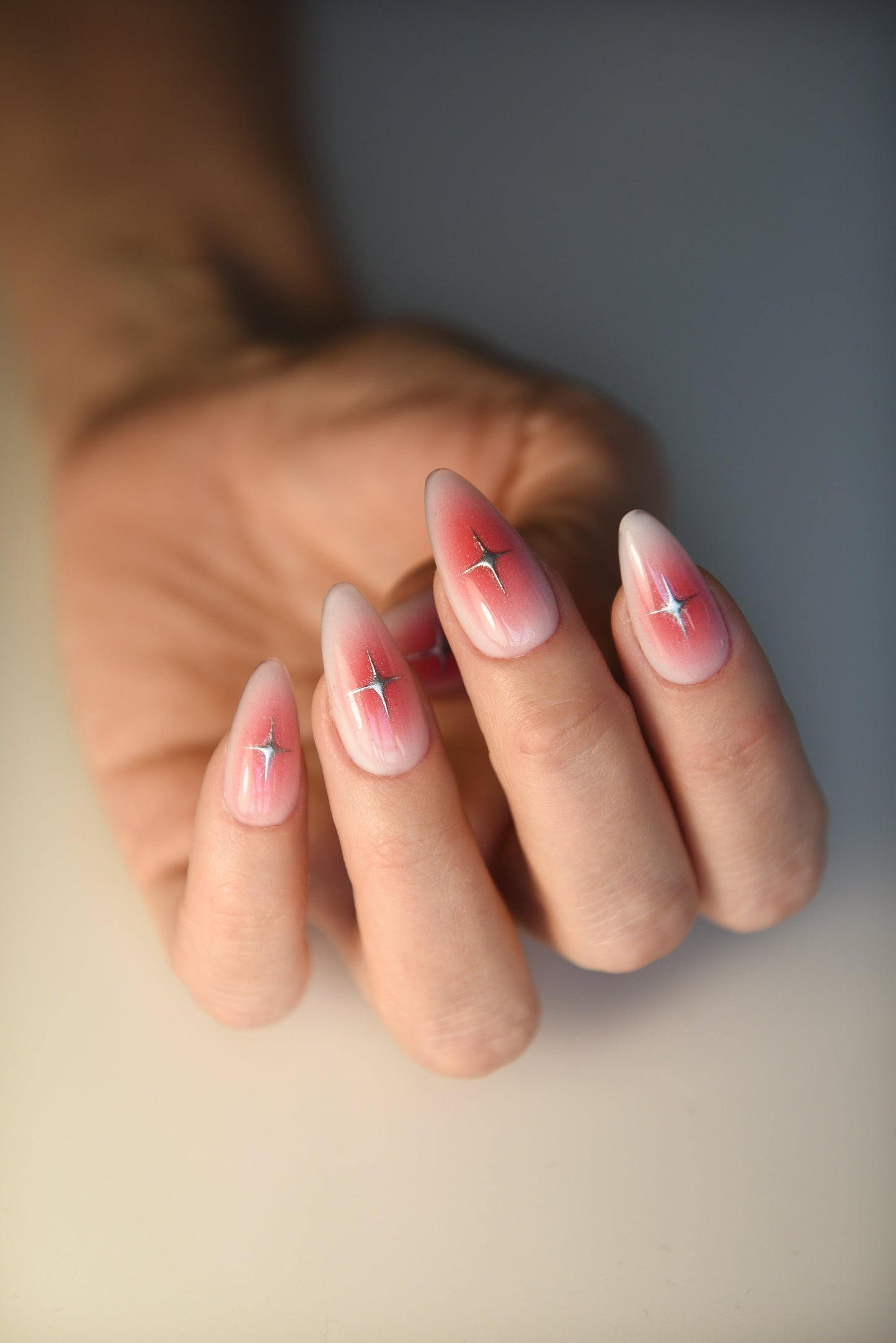 Aura Milky Blush Press-On Nails with Silver Stars – Handmade Luxury Reusable Set, Salon-Quality Gel Finish