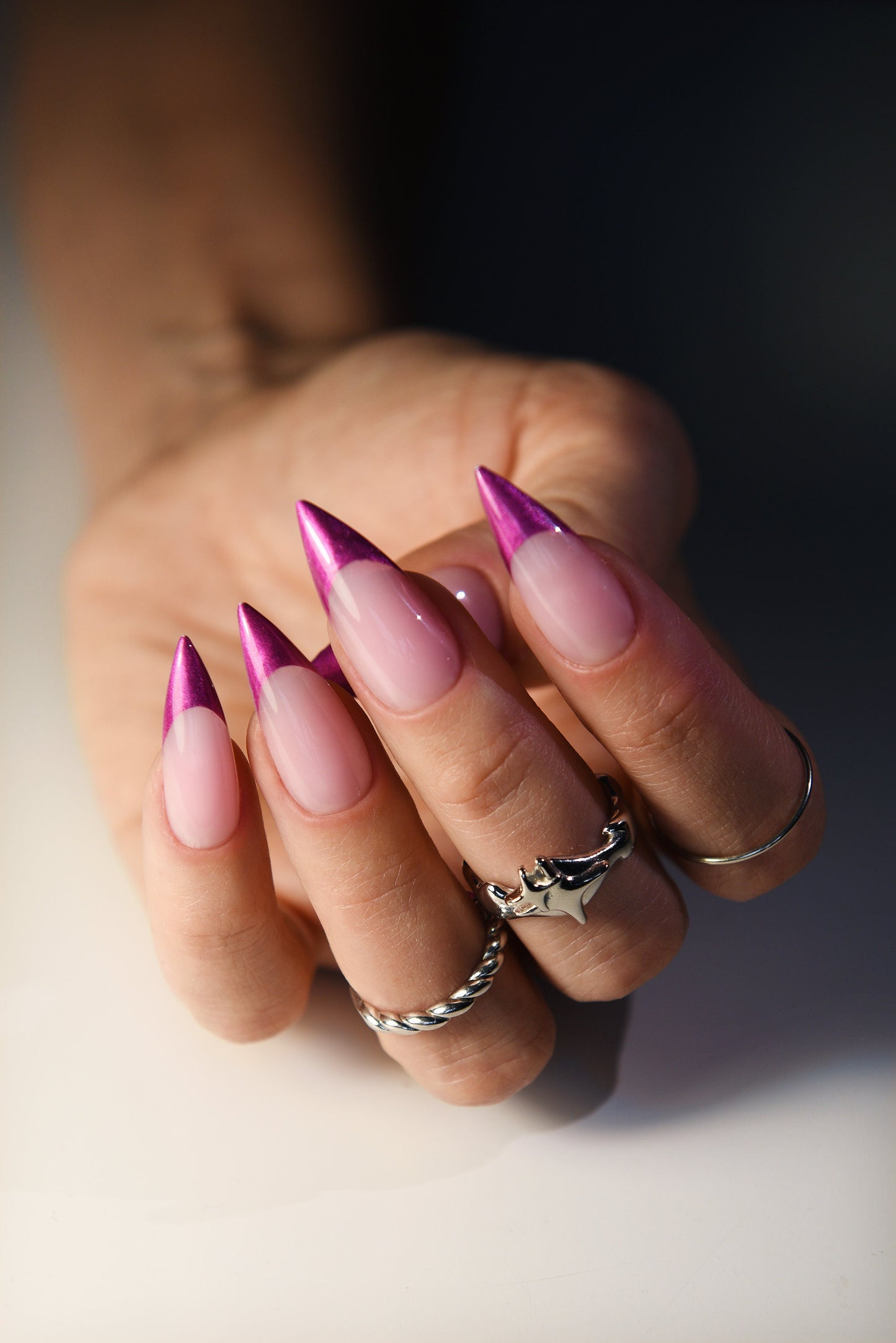 Pink Chrome French Tip Press-On Nails – Y2K Chrome, Custom Acrylic Look, Stiletto, Coffin, Square, Long & Short – Luxury Handmade Reusable Nail Set