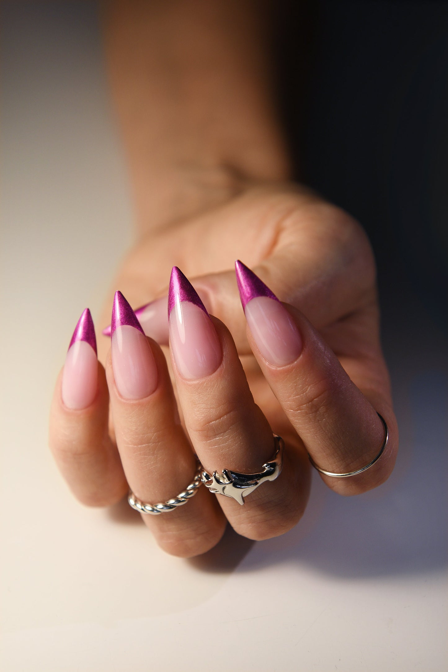 Pink Chrome French Tip Press-On Nails – Y2K Chrome, Custom Acrylic Look, Stiletto, Coffin, Square, Long & Short – Luxury Handmade Reusable Nail Set