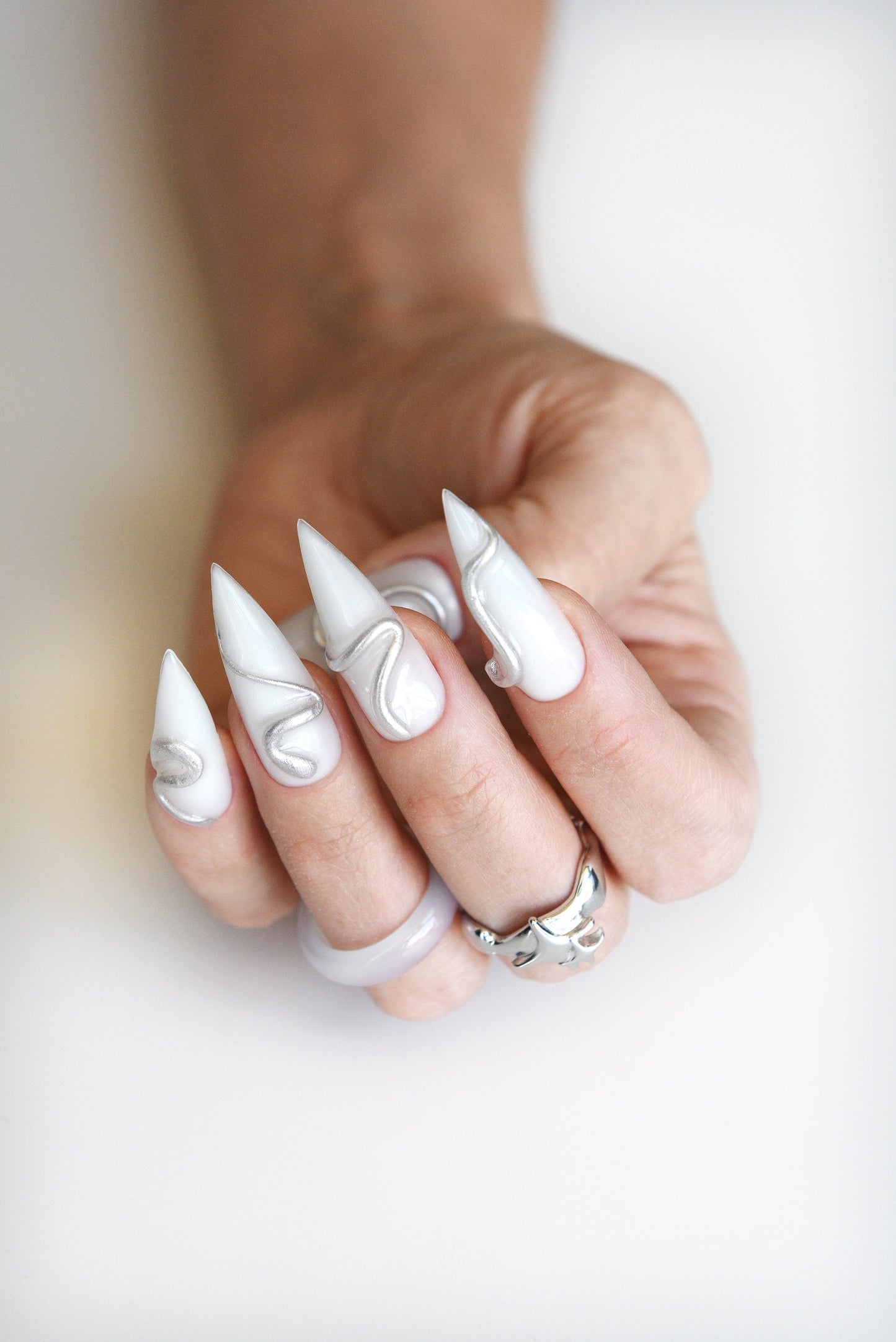 Y2K Milky White 3D Swirls Press-On Nails | Custom Handmade Reusable Nail Art | Long-Lasting Gel & Acrylic | Women’s Fashion Set