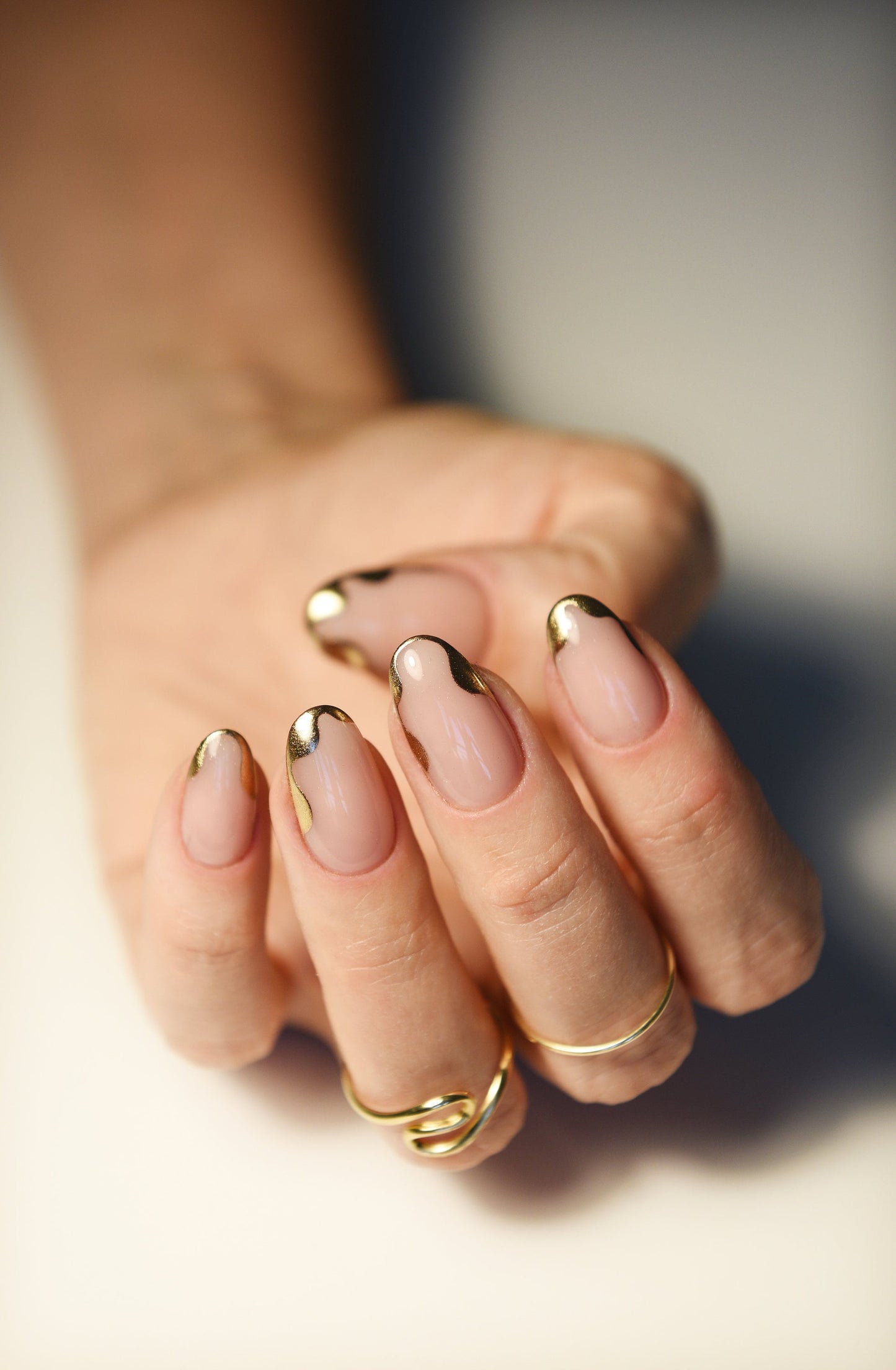 Natural Acrylic-Like Press-On Nails with Gold Waves – Handmade Reusable Luxury Set | Perfect for Weddings & Special Occasions