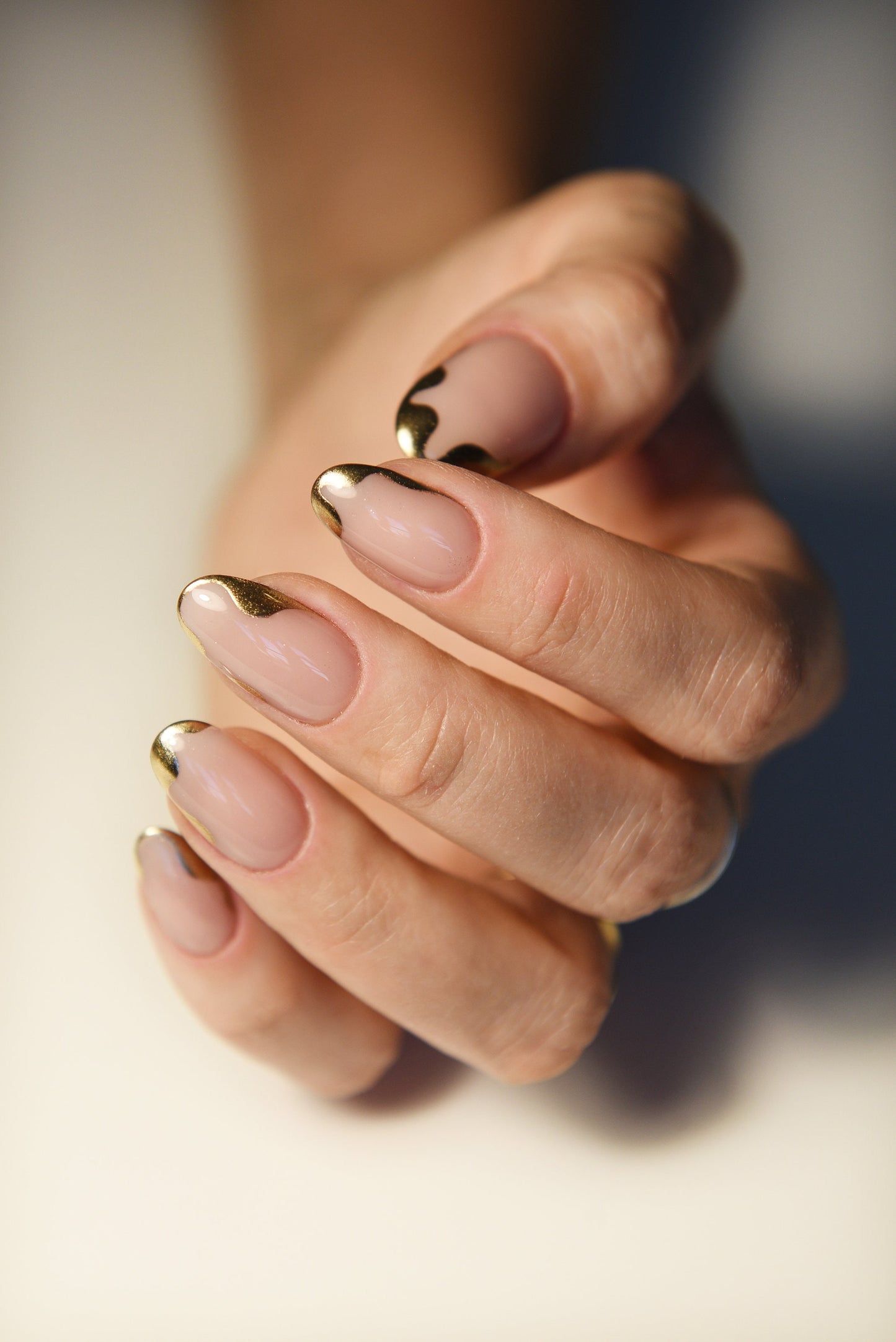 Natural Acrylic-Like Press-On Nails with Gold Waves – Handmade Reusable Luxury Set | Perfect for Weddings & Special Occasions