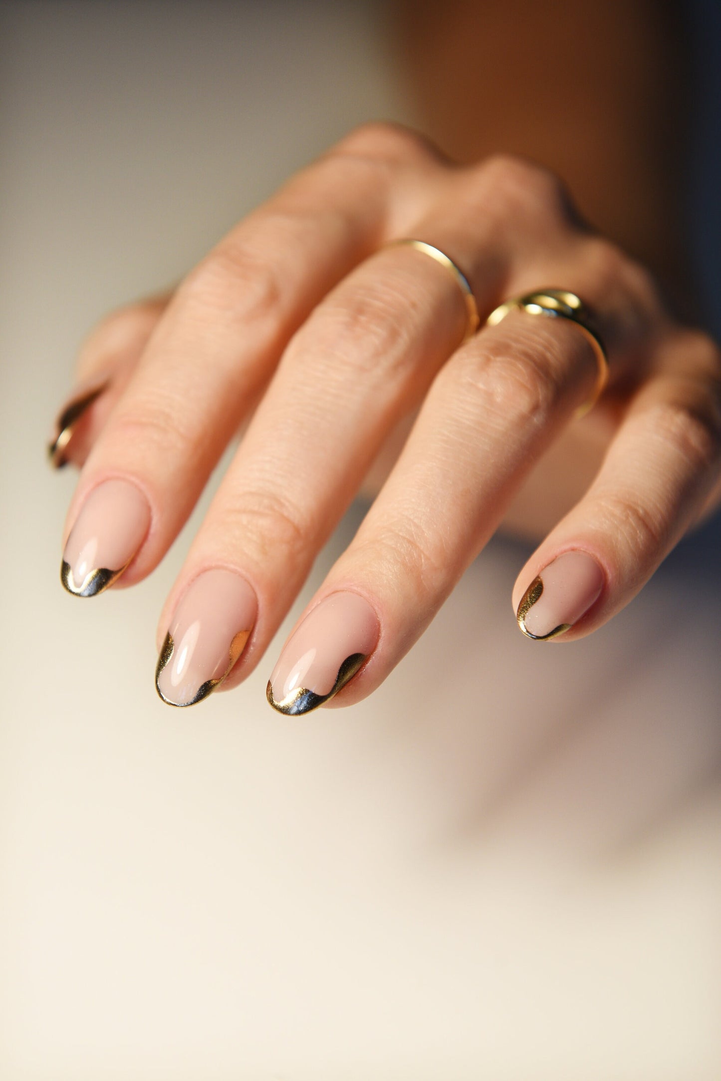 Natural Acrylic-Like Press-On Nails with Gold Waves – Handmade Reusable Luxury Set | Perfect for Weddings & Special Occasions