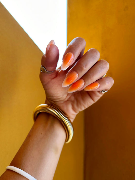 Summer Orange Ombre Press On Nails Set in long, medium and short, almond, square, oval, coffin, stiletto shape, fake, glue on, reusable – Luxury Handmade Reusable Press On Nails