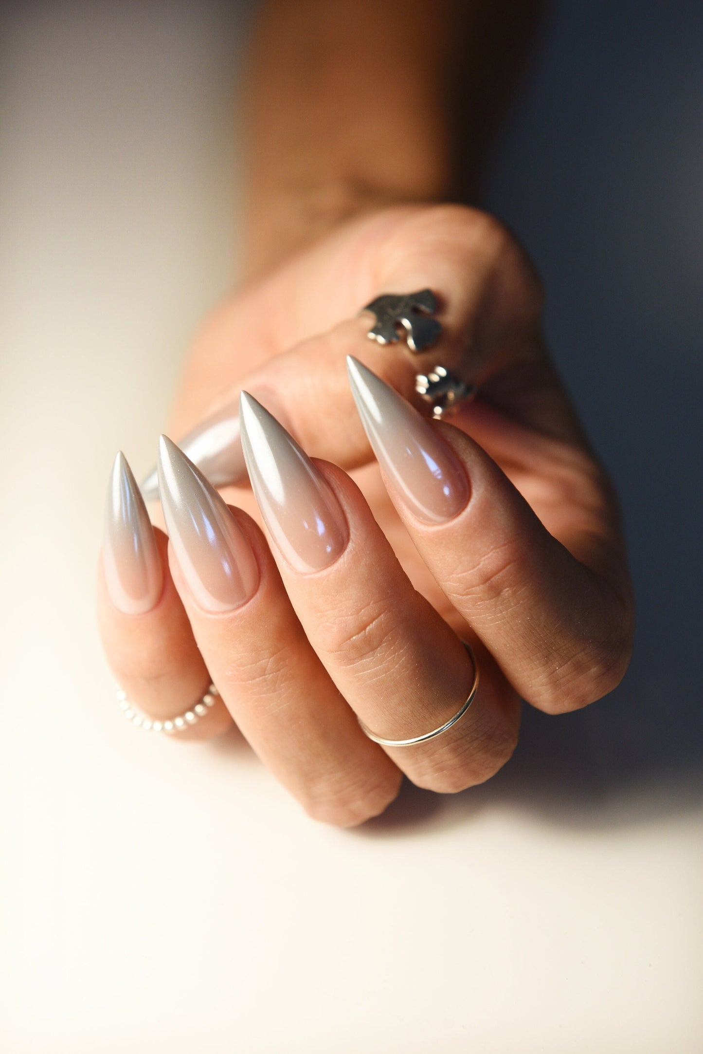 Silver Ombre y2k Chrome strong as salon acrylic manicure set of 10 glazed gel press on nails with gradient. Reusable natural looking glue on – Luxury Handmade Reusable Press On Nails