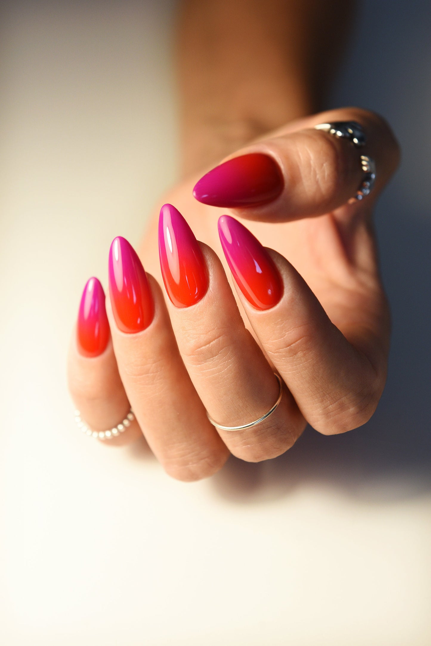 Summer Ombre Press-On Nails | Fuchsia & Hot Red Handmade Nail Set | Reusable, Custom Shape & Length | Beach Party Holidays | Luxury Press On Nails