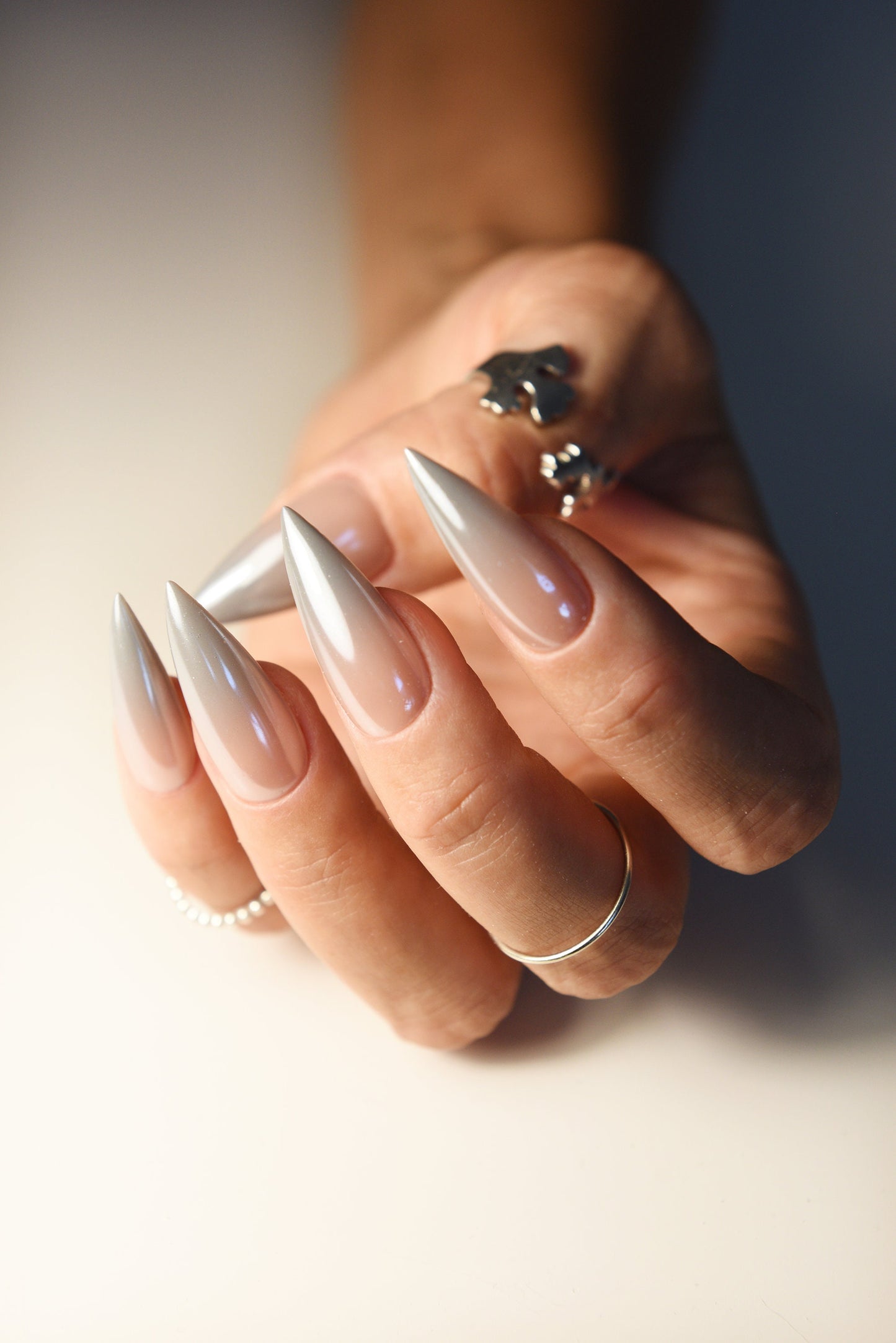 Silver Ombre Y2K Chrome Press On Nails – Salon-Quality Glazed Gel, Gradient, Strong as Acrylic, Custom Reusable Nail Set (10 pcs)