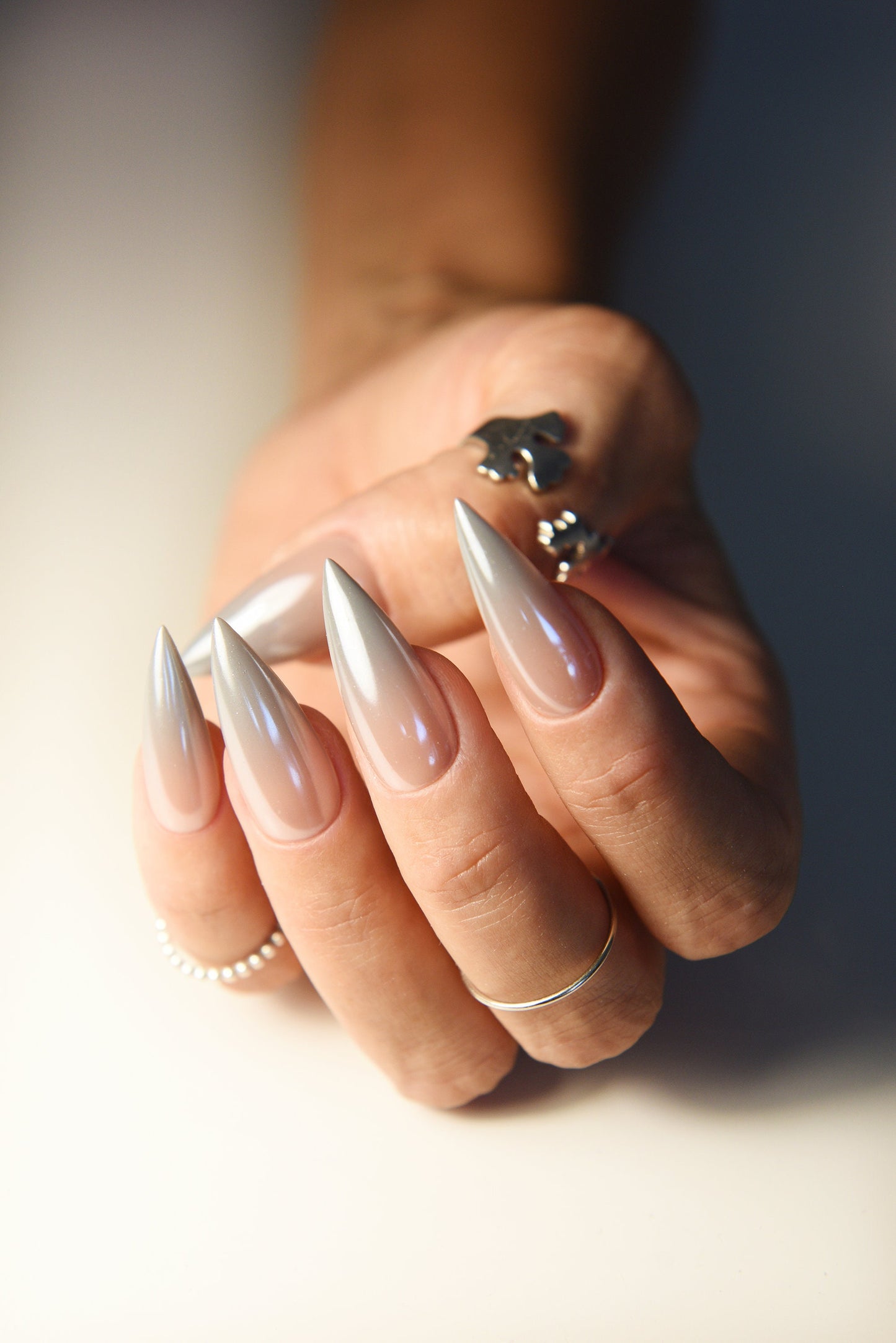 Silver Ombre Y2K Chrome Press On Nails – Salon-Quality Glazed Gel, Gradient, Strong as Acrylic, Custom Reusable Nail Set (10 pcs)