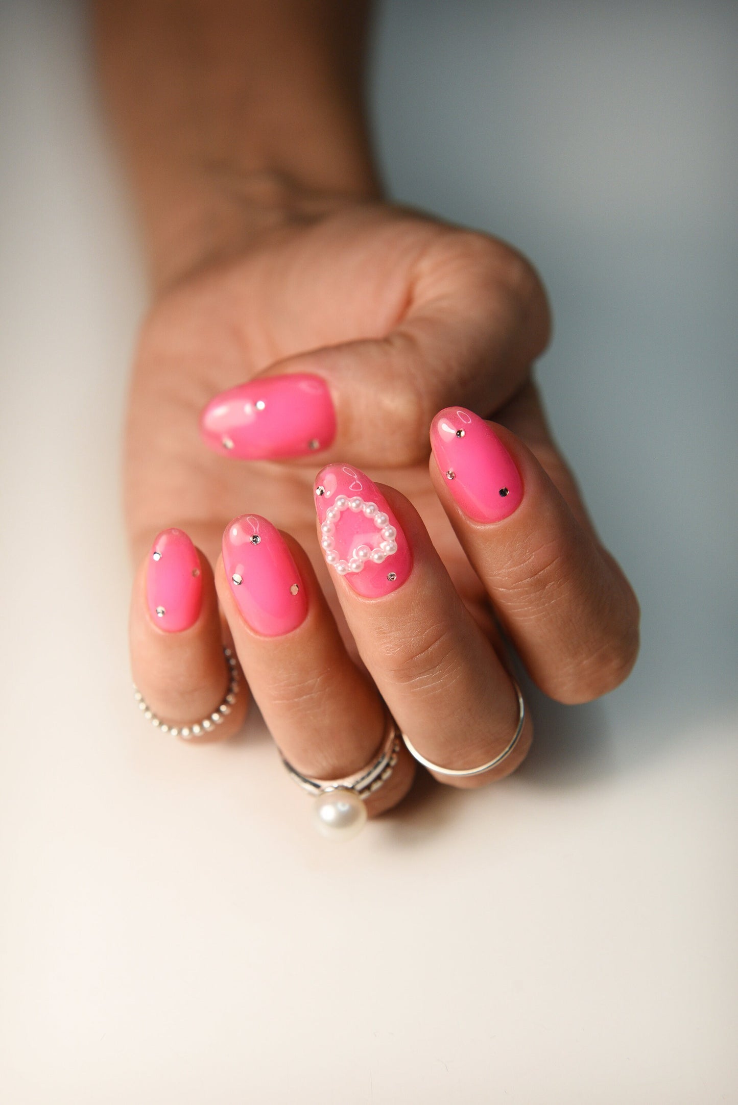 Pink Transparent Neon Ombre Press-On Nails – Rhinestones & Pearl Heart | Handmade Reusable Luxury Set | Cute Girly Gift for Her