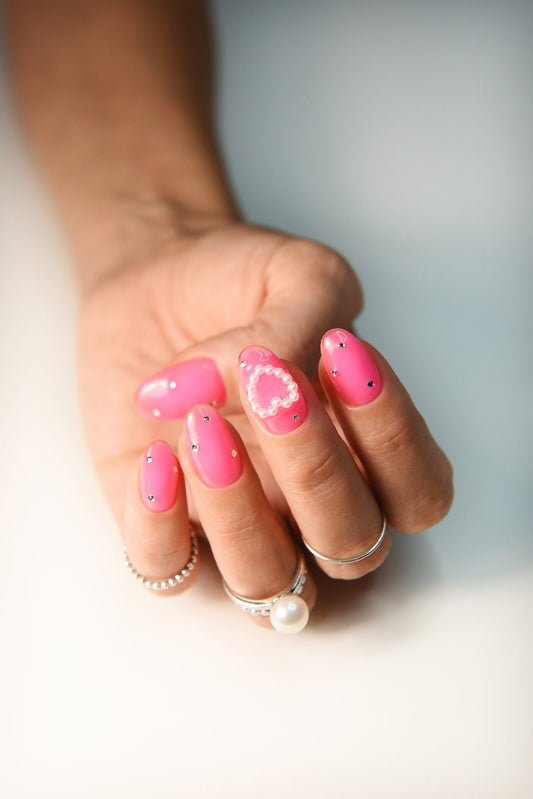 Pink Transparent Neon Ombre set of 10 reusable press on nails with rhinestones and pearl heart, girly cute fake nails for her, fake short – Luxury Handmade Reusable Press On Nails