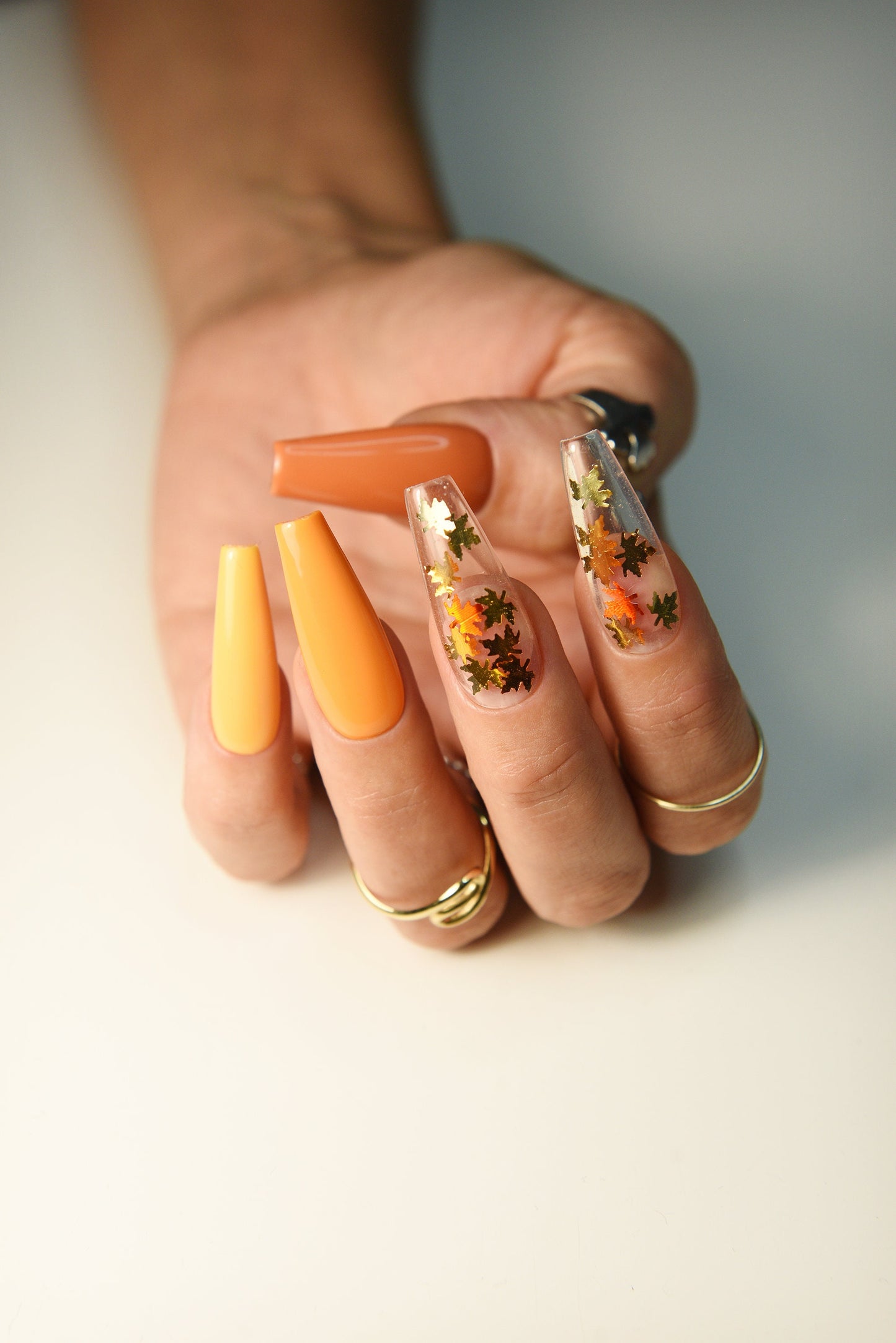 Pumpkin Ombre Press-On Nails – Fall Long Coffin Handmade Set