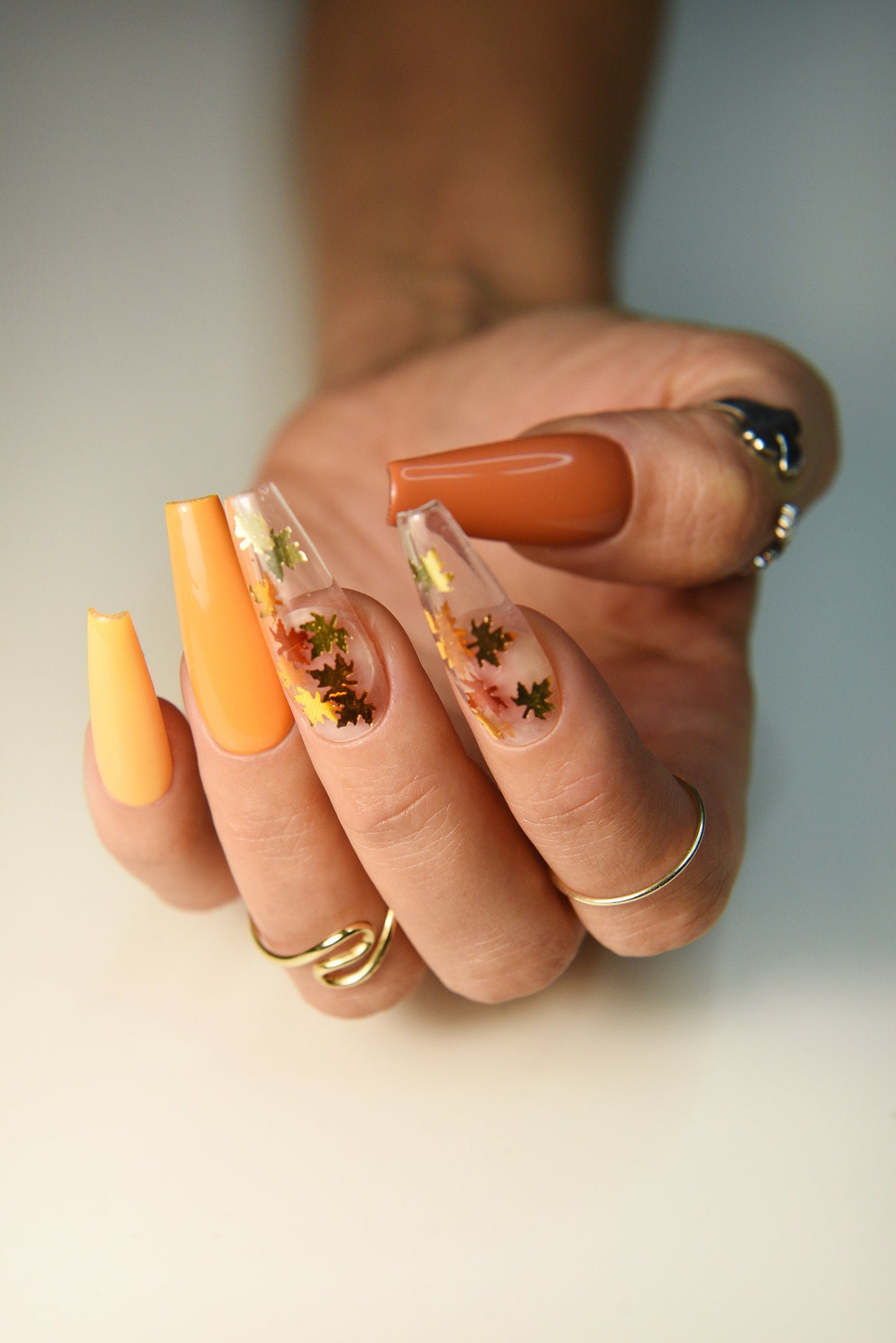 Pumpkin Ombre Press-On Nails – Fall Long Coffin Handmade Set