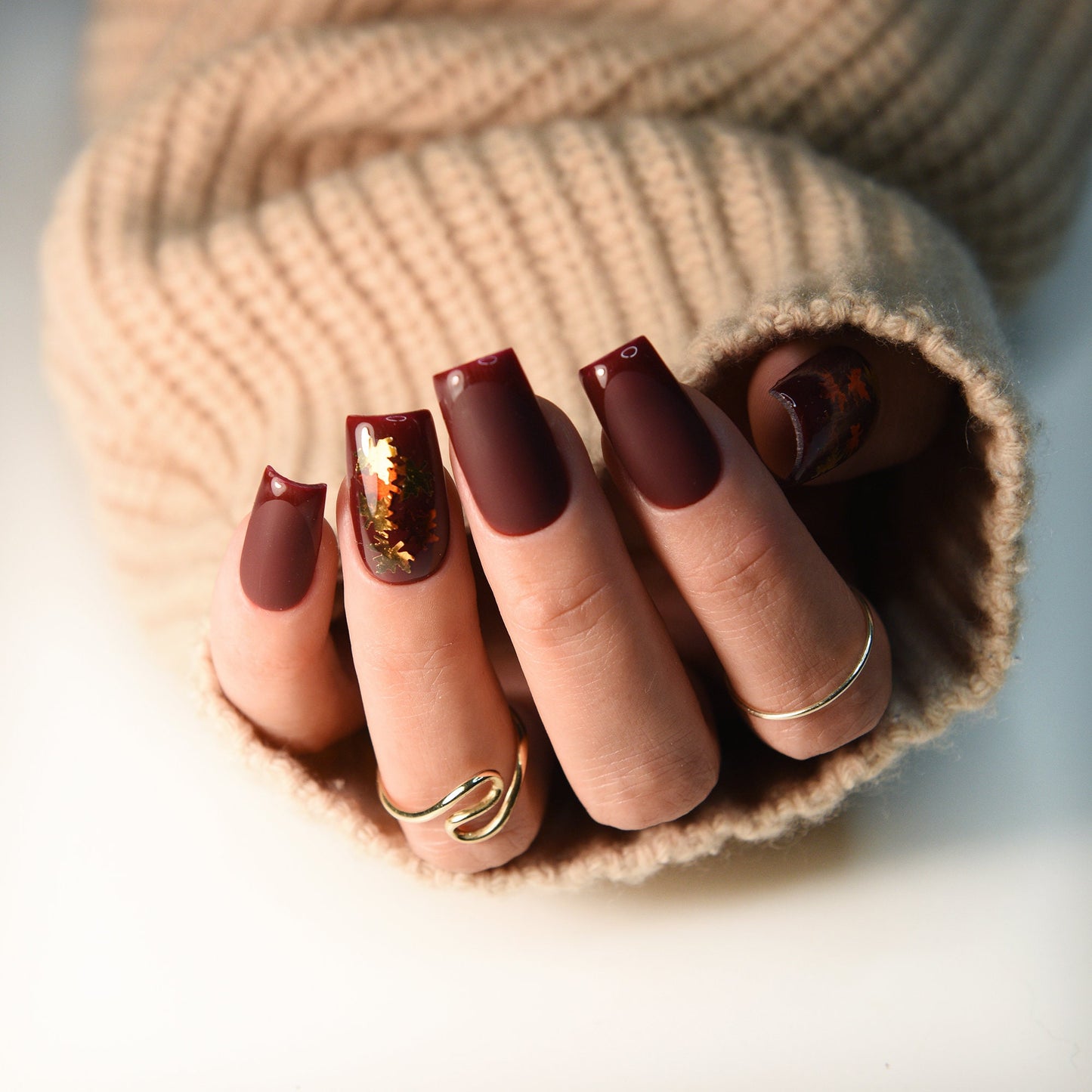 Autumn Fall Leaves - deep brown set of press on nails, glossy french, brown glue on fake nails, acrylic like reusable, long, medium, short