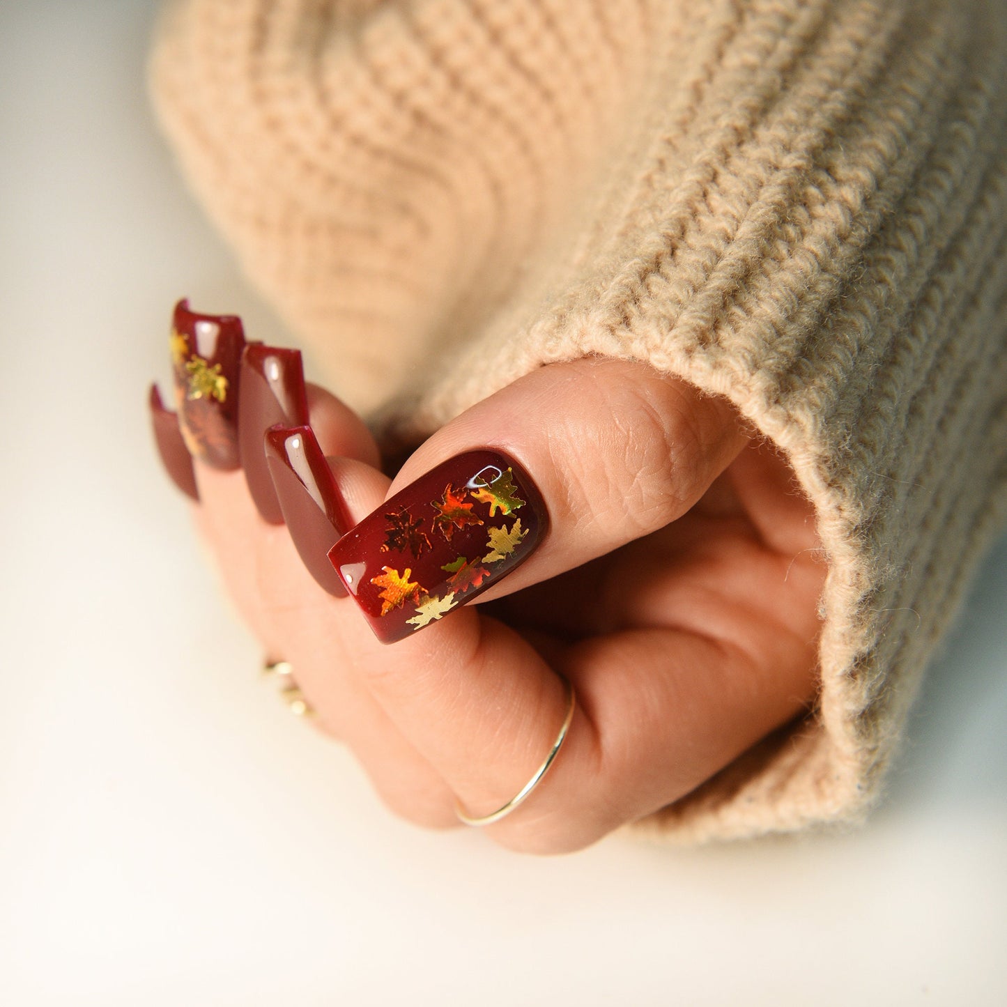 Autumn Fall Leaves - deep brown set of press on nails, glossy french, brown glue on fake nails, acrylic like reusable, long, medium, short