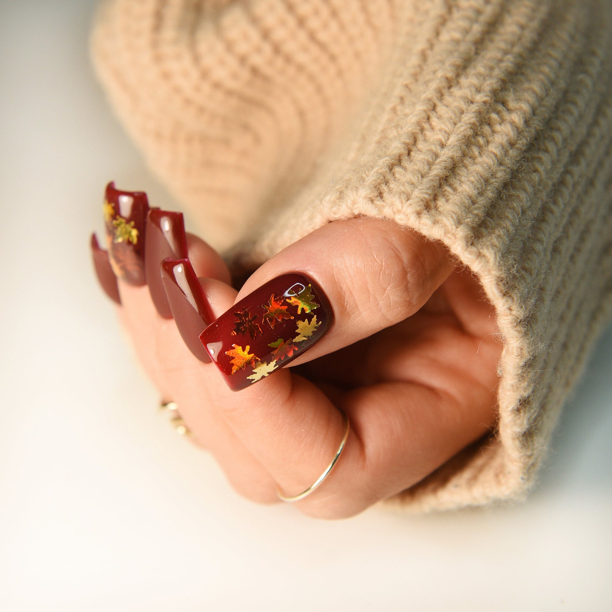 Autumn Fall Leaves - deep brown set of press on nails, glossy french, brown glue on fake nails, acrylic like reusable, long, medium, short