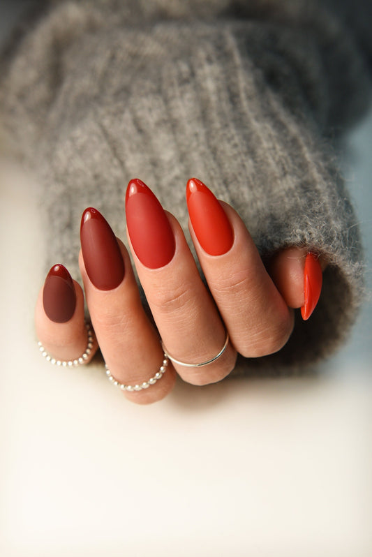 Brown Red Orange Shades matte nails with glossy french - press ons for autumn fall, glue on fake nails, almond, coffin, stiletto, long cozy – Luxury Handmade Reusable Press On Nails