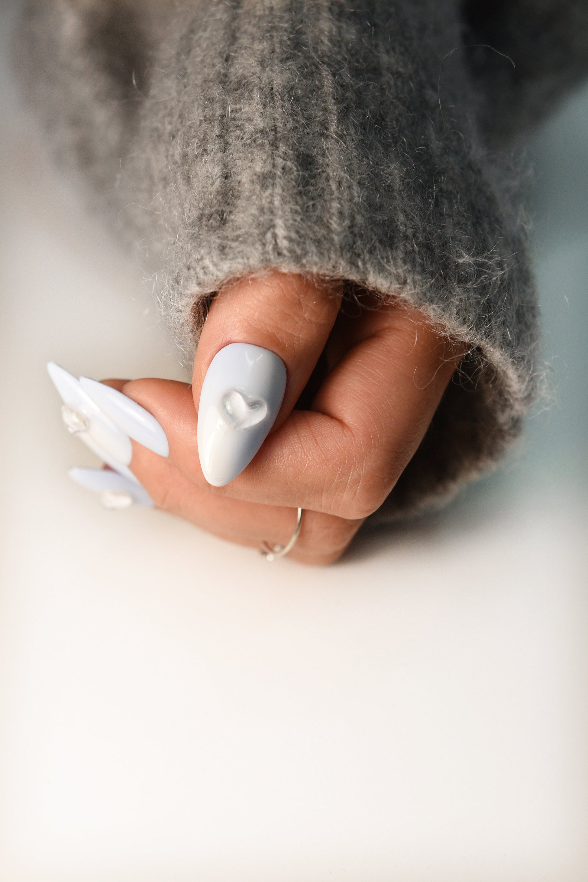 3D Hearts Blue Nails with Ombre White - press on nails for her, pastel glue on nails, blueberry milk cute fake nails, almond press ons, long