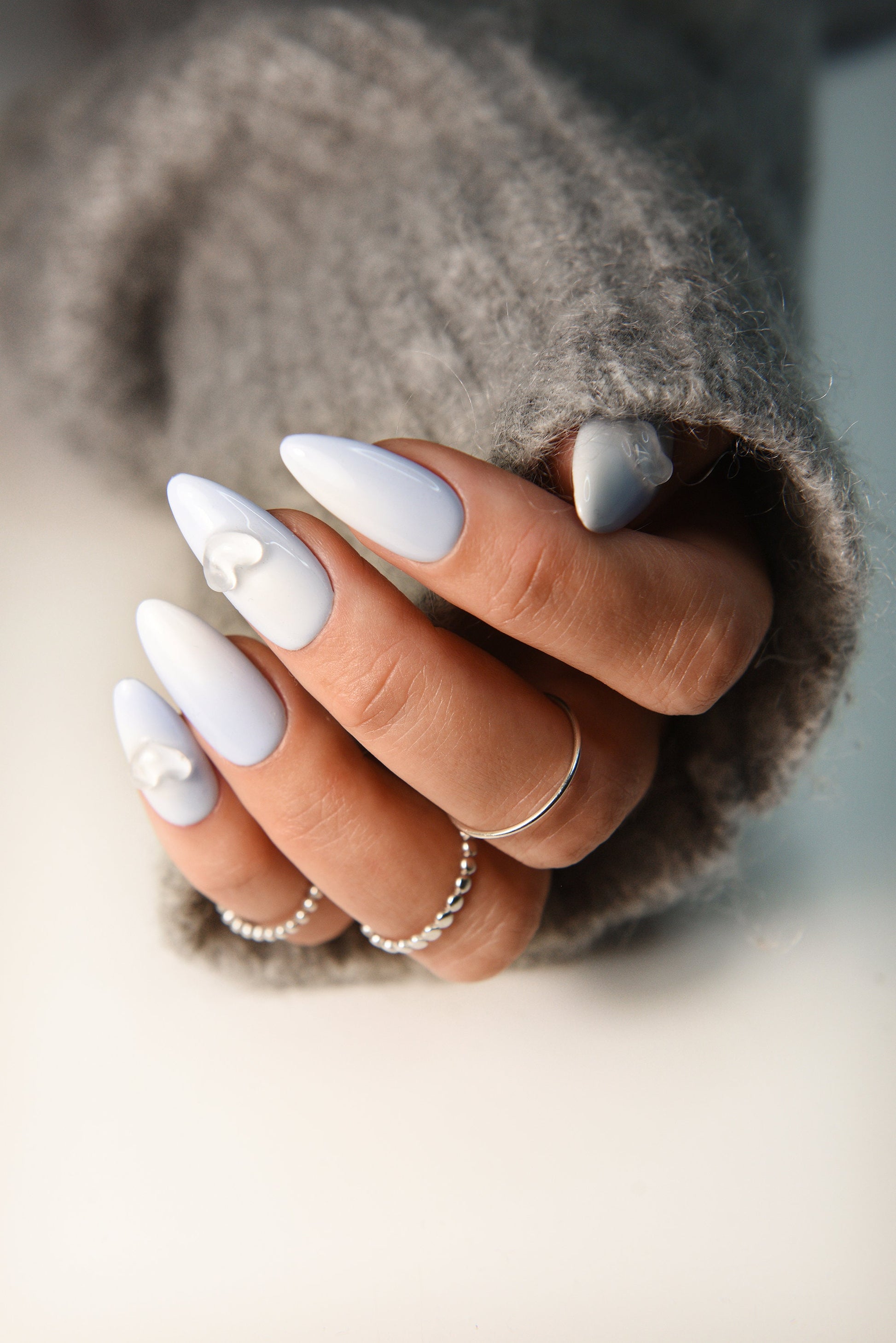 3D Hearts Blue Nails with Ombre White - press on nails for her, pastel glue on nails, blueberry milk cute fake nails, almond press ons, long